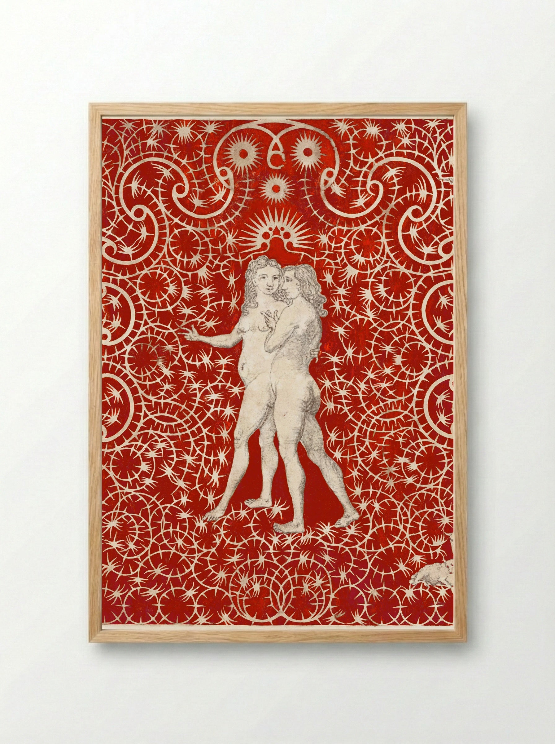 Adam and Eve in the Garden with a Pair of Sheep and a Pair of Doves - British 18th Century - Framed Print Wood