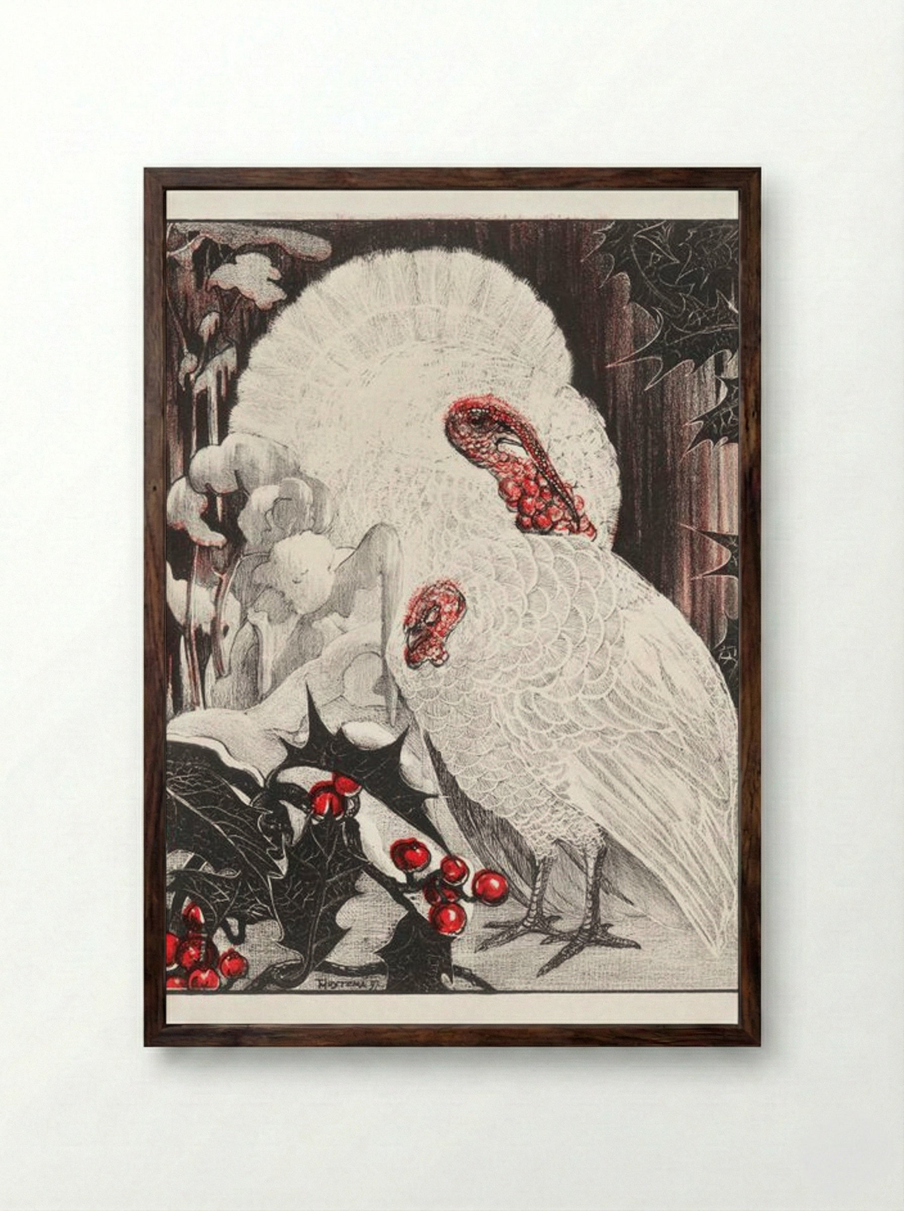Two White Turkeys with Holly Branches in the Snow - Theo van Hoytema - Framed Print Dark Wood