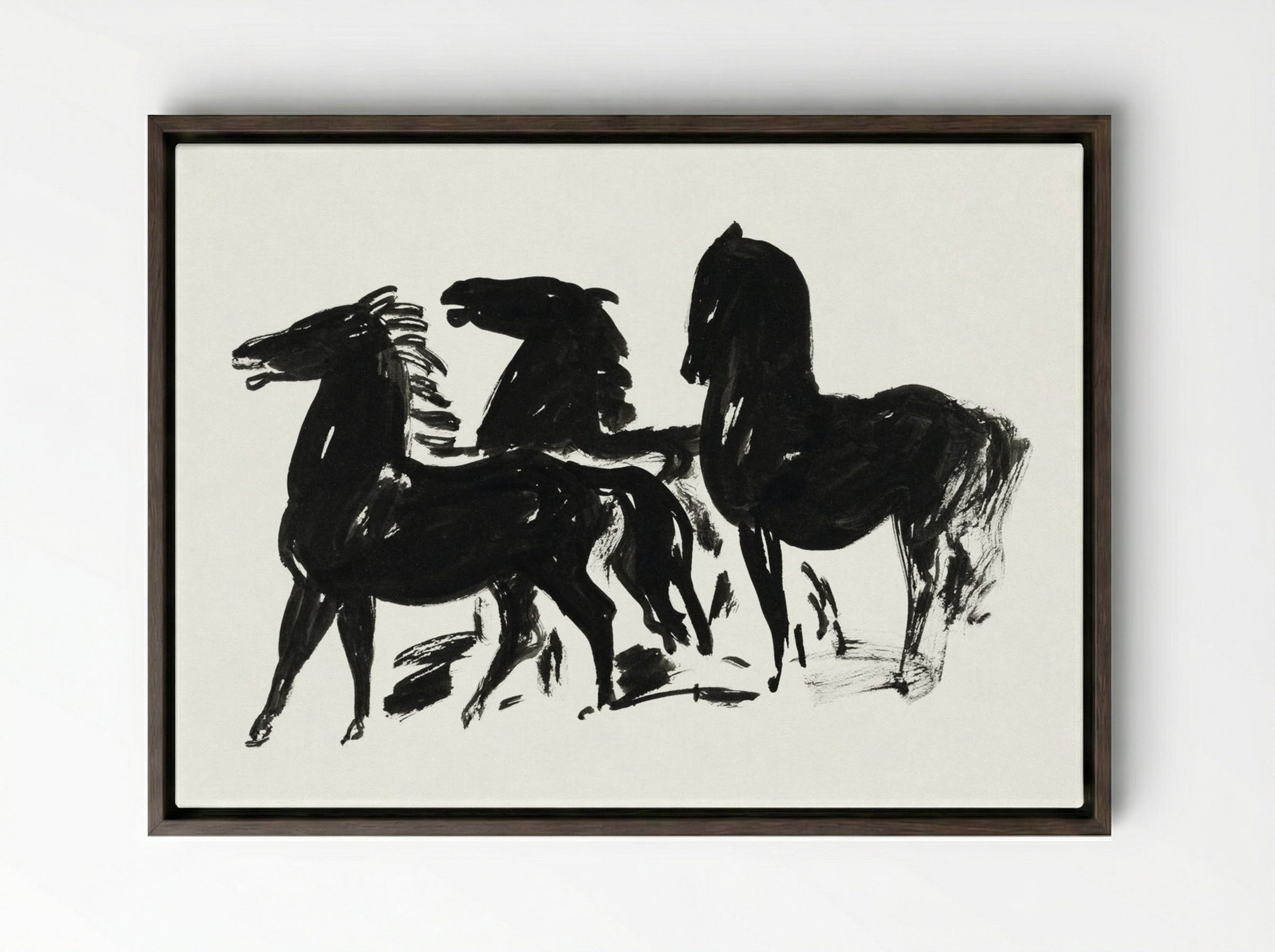 Three Black Horses Standing, Facing Left - Leo Gestel - Framed Canvas Dark Wood