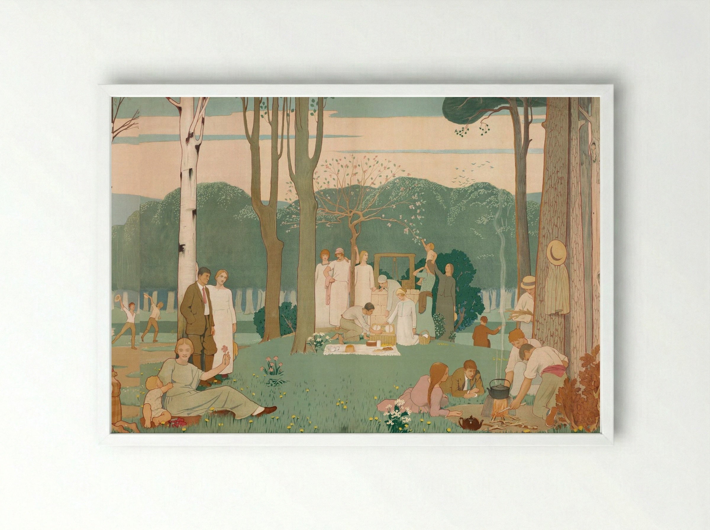 Men, Women, and Children at a Picnic in the Park - Fine Art Print - Framed Print White