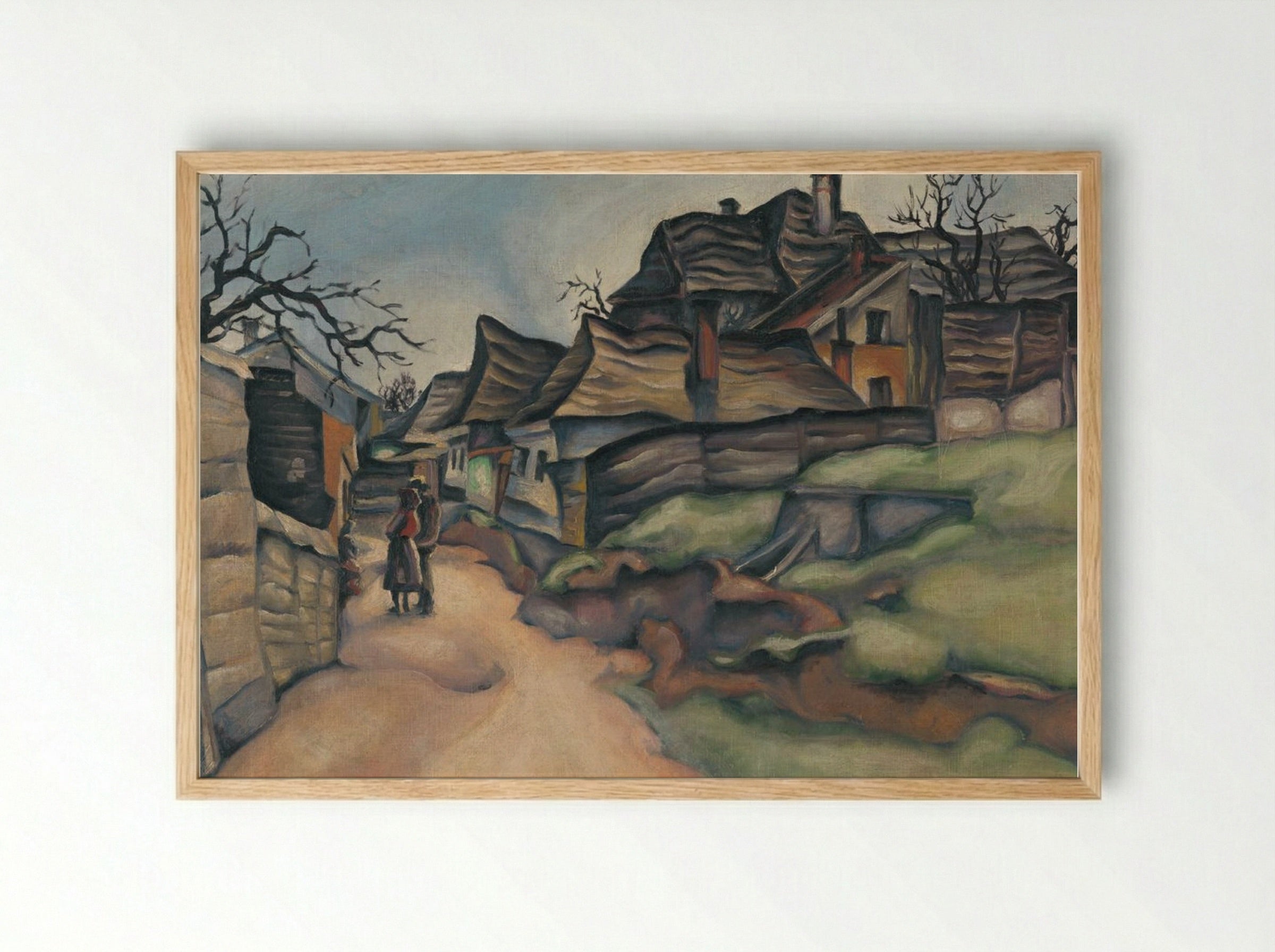 Houses in the Village with Figures - Konstantin Bauer - Framed Print Wood