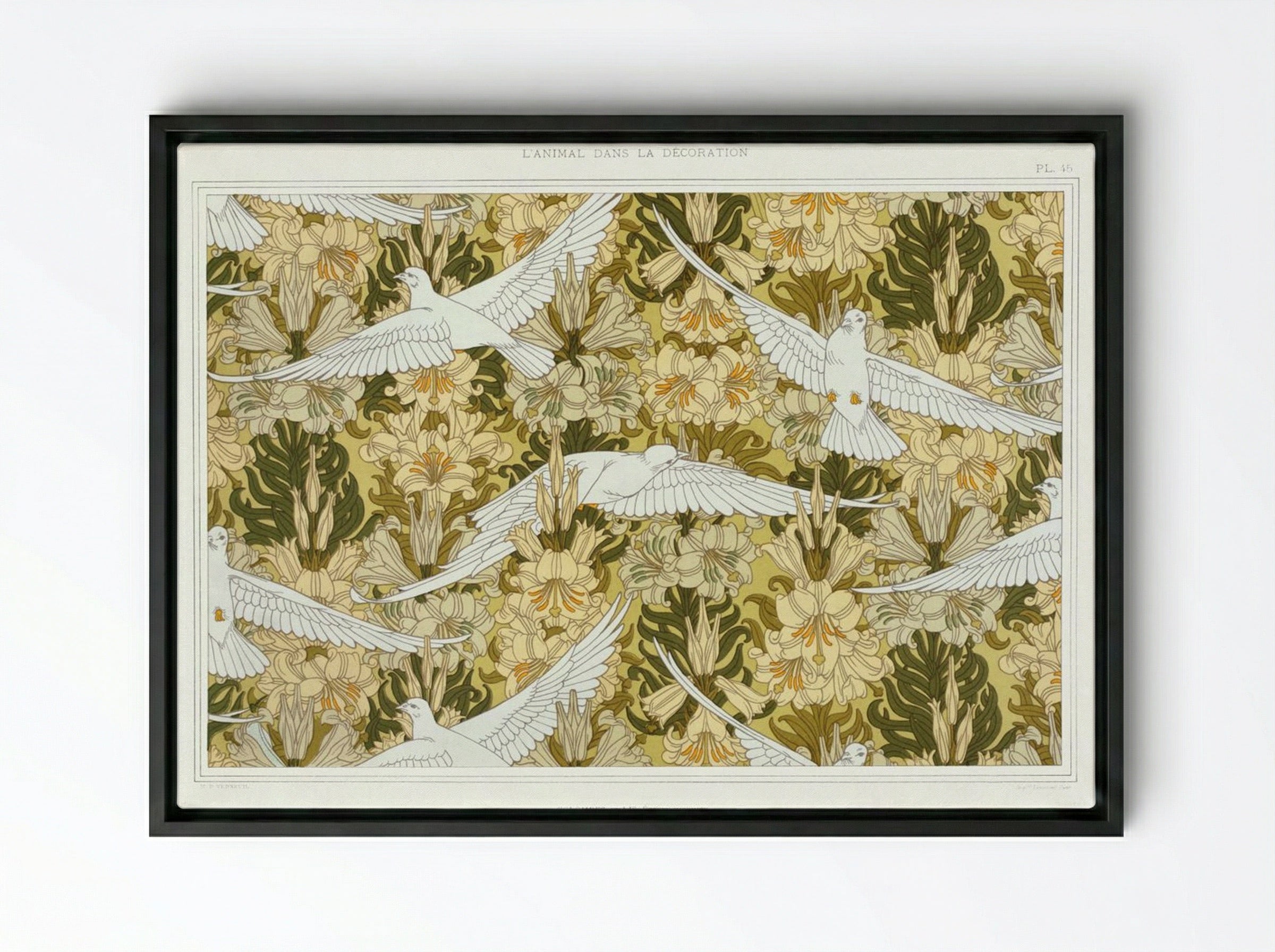 Colombes et Lis, Étoffe Imprimée (Doves and Lilies, Printed Fabric) - Maurice Pillard Verneuil - Framed Canvas Black