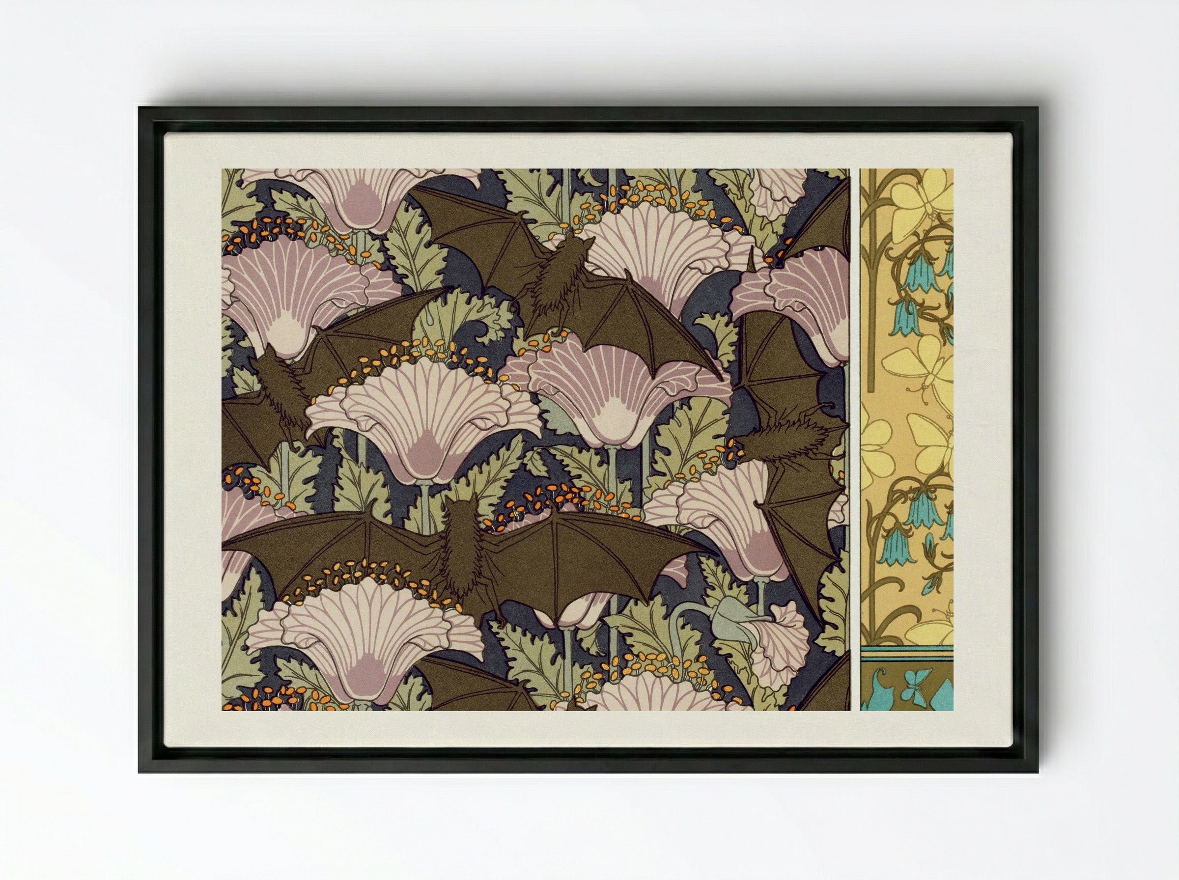 Chauves-souris et Pavots; Papillons et Campanules - Maurice Pillard Verneuil - Framed Canvas Black