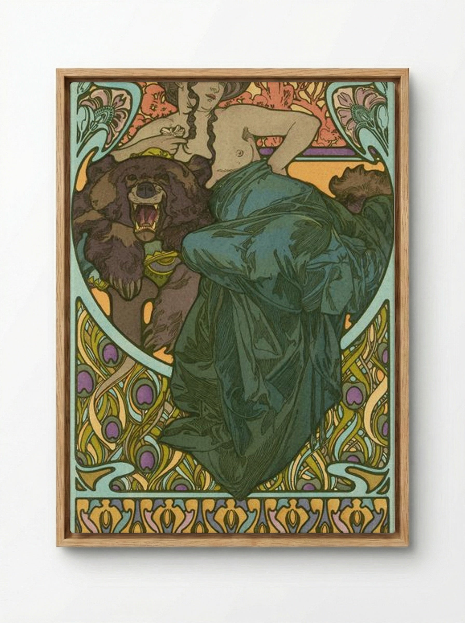 Untitled (Woman with Bear) - Alphonse Mucha - Framed Canvas Wood