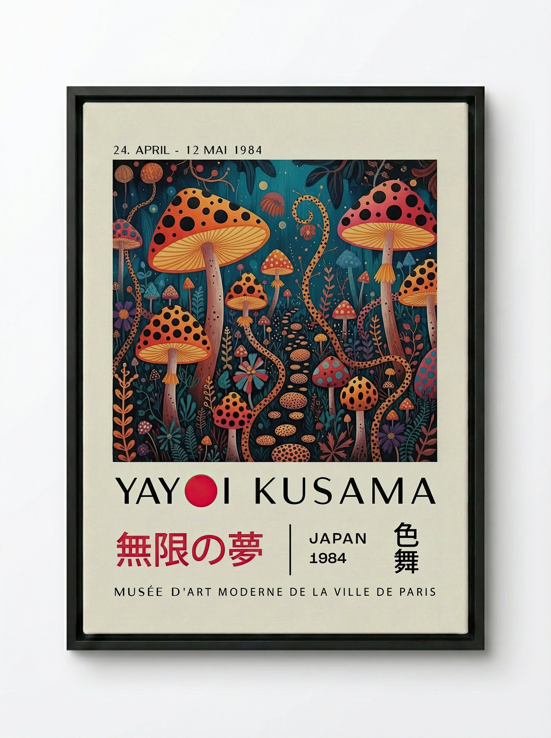 Mushroom Dreamscape - Yayoi Kusama - Framed Canvas Black