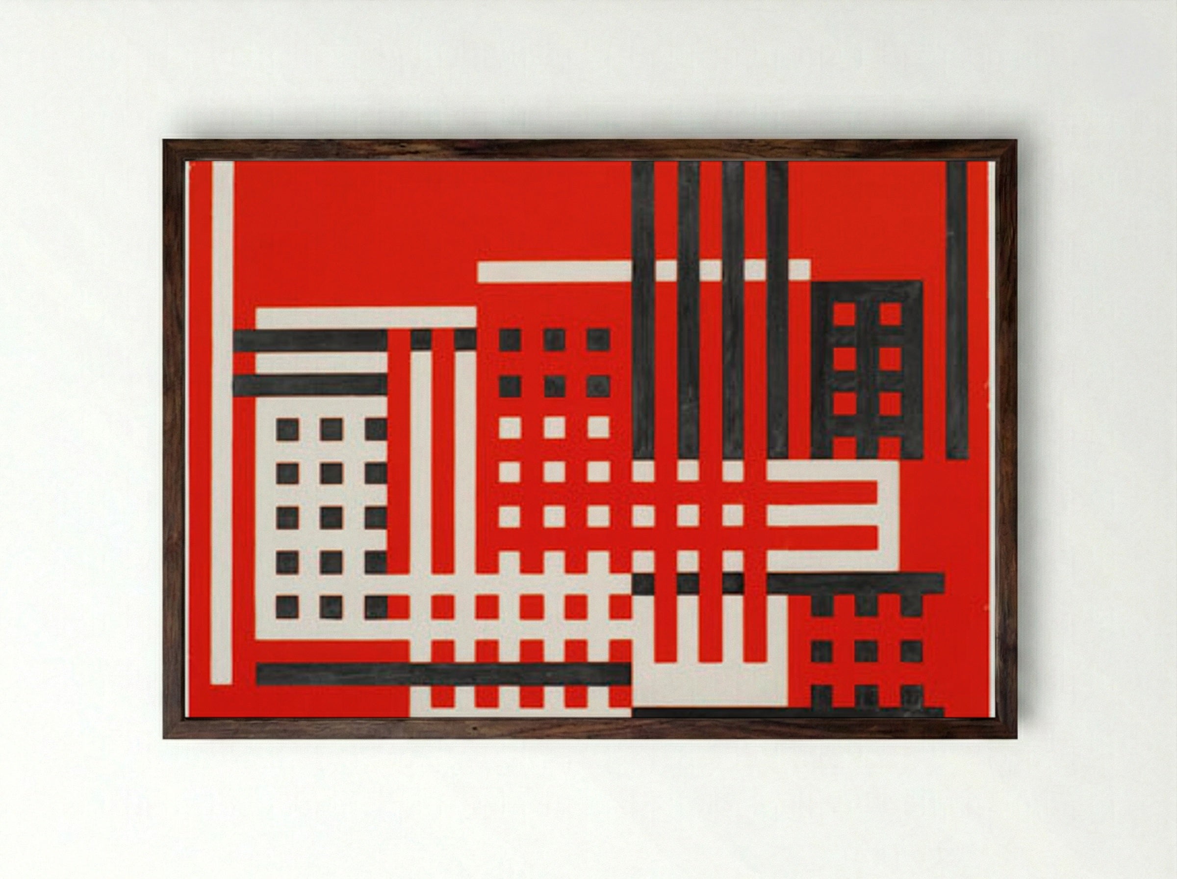 Untitled (Factory Abstraction, Red, Black and White) - Fine Art Print - Framed Print Dark Wood