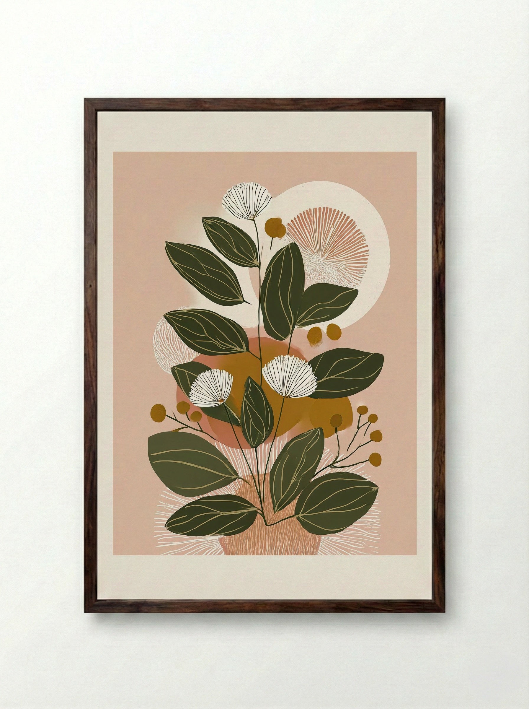 Soft Bloom Botanical Line Art Print - Framed Print Dark Wood