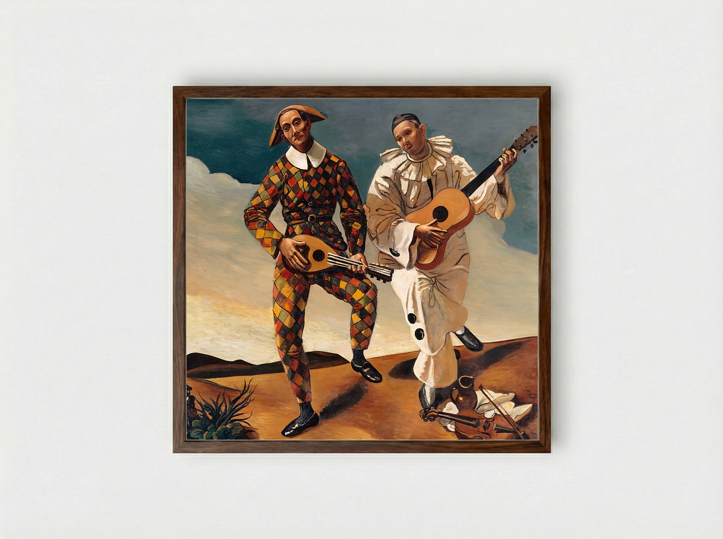 Harlequin and Pierrot (Two Musicians) - Pablo Picasso - Framed Print Dark Wood