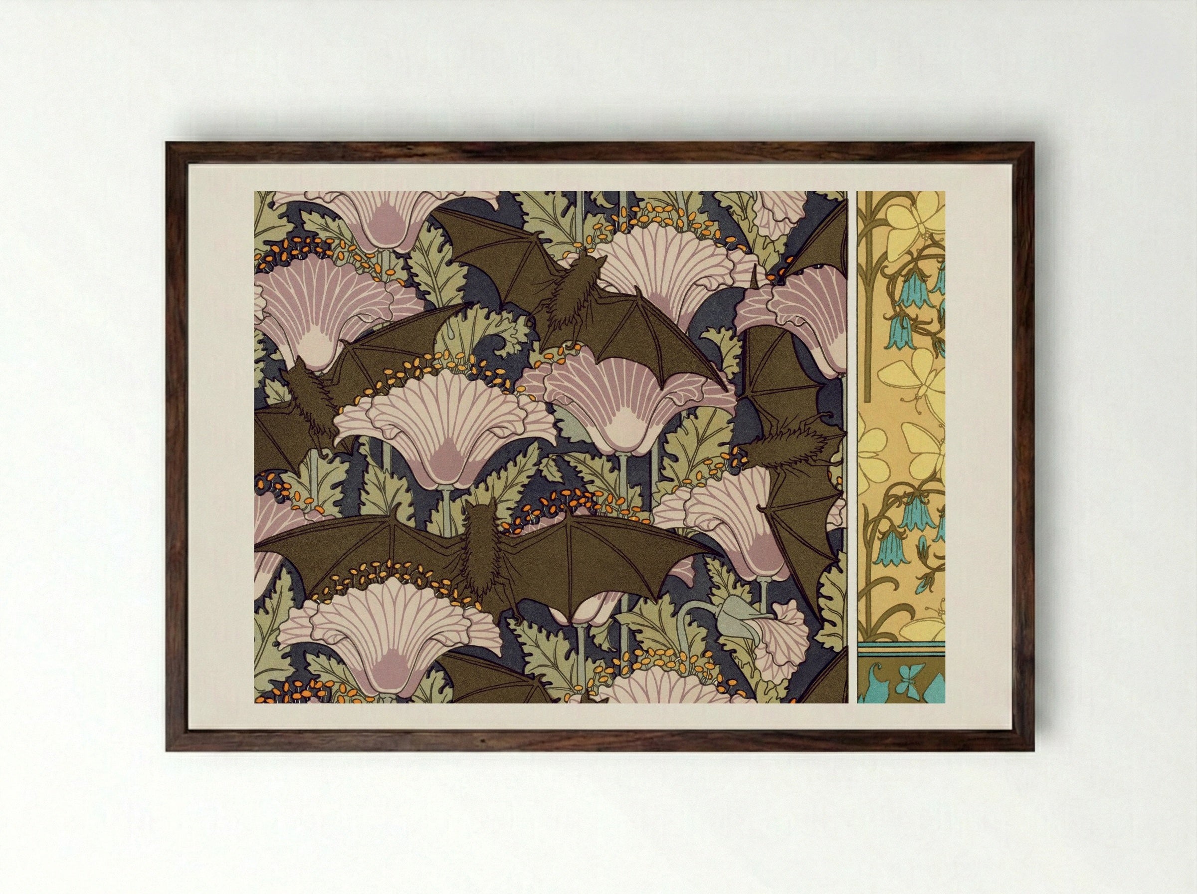 Chauves-souris et Pavots; Papillons et Campanules - Maurice Pillard Verneuil - Framed Print Dark Wood