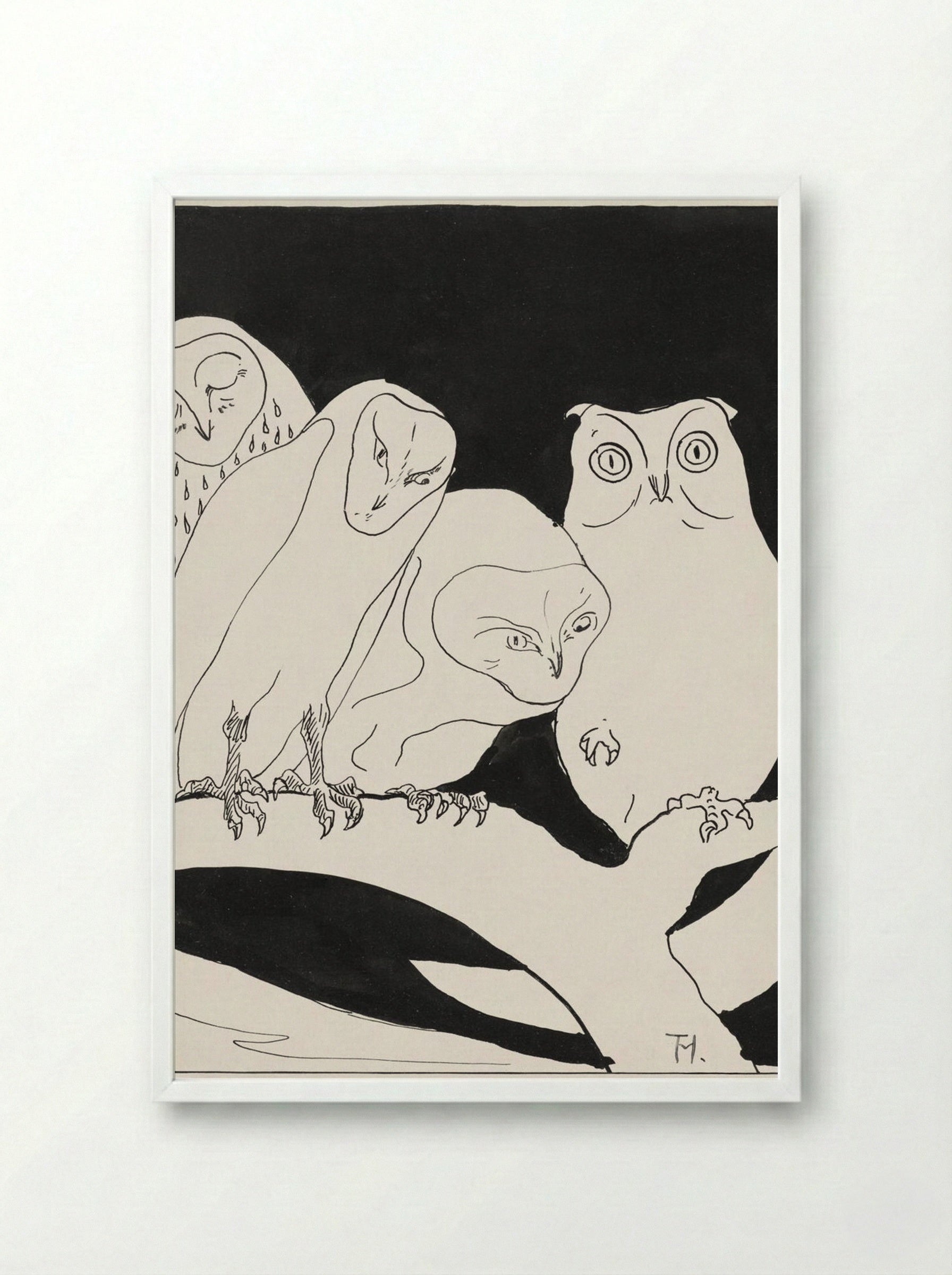 Owls on a Branch - Theo van Hoytema - Framed Print White