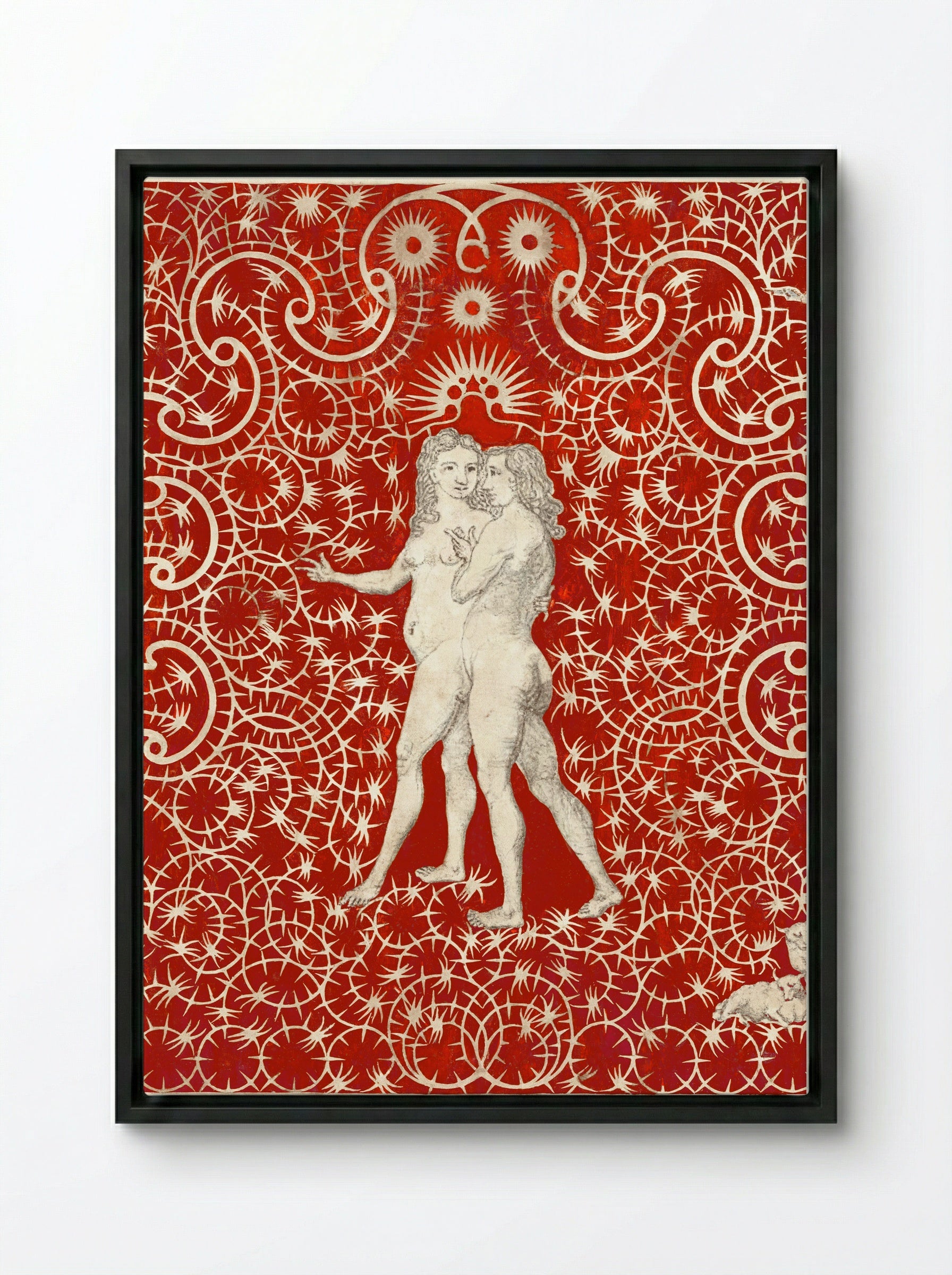 Adam and Eve in the Garden with a Pair of Sheep and a Pair of Doves - British 18th Century - Framed Canvas Black