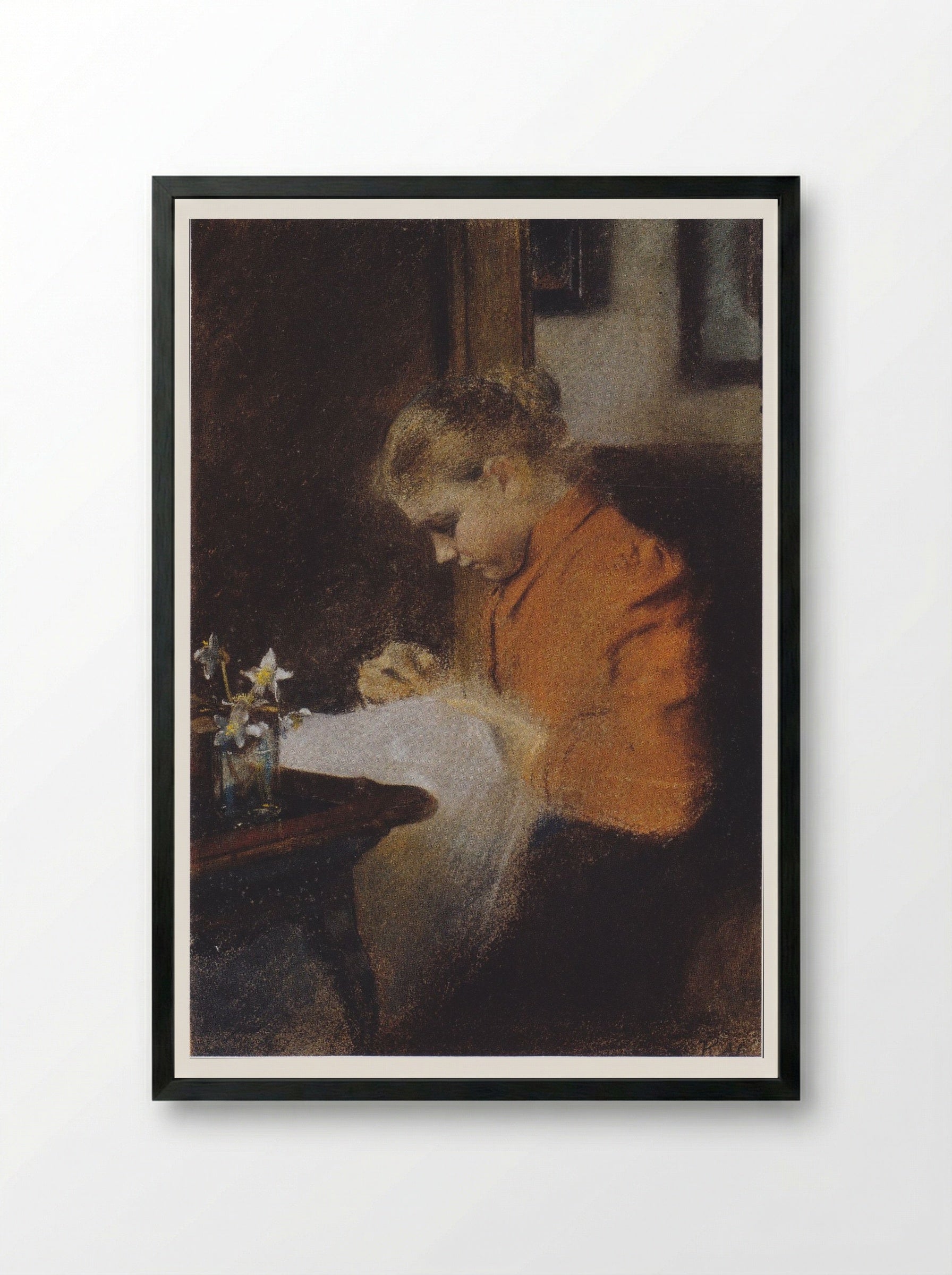 Leopoldine Steindl-Moser, eine Schwester des Künstlers, nähend - Koloman Moser - Framed Print Black
