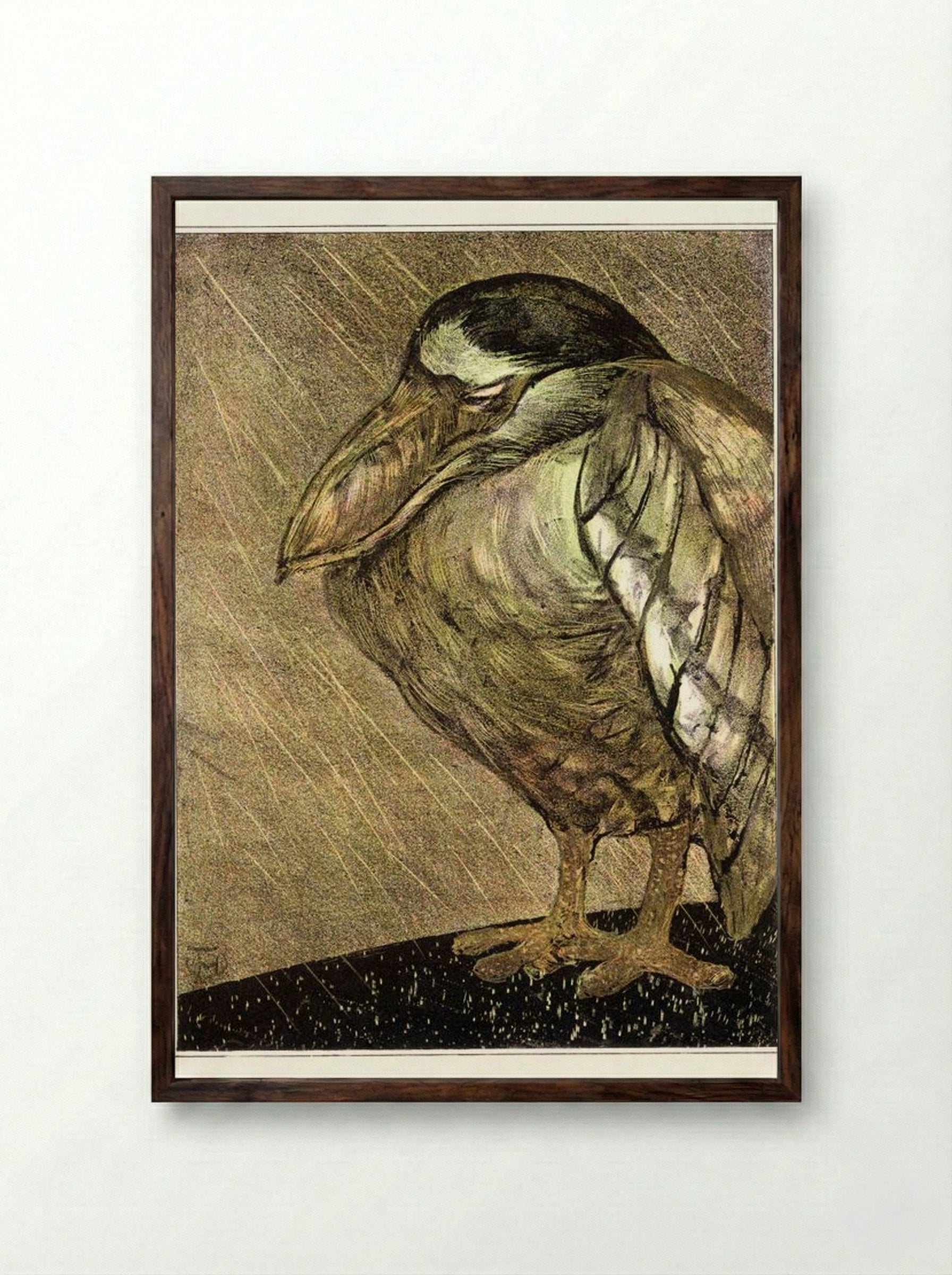 Schuitbekreiger in de regen (Night Heron in the Rain) - Theodorus van Hoytema - Framed Print Dark Wood