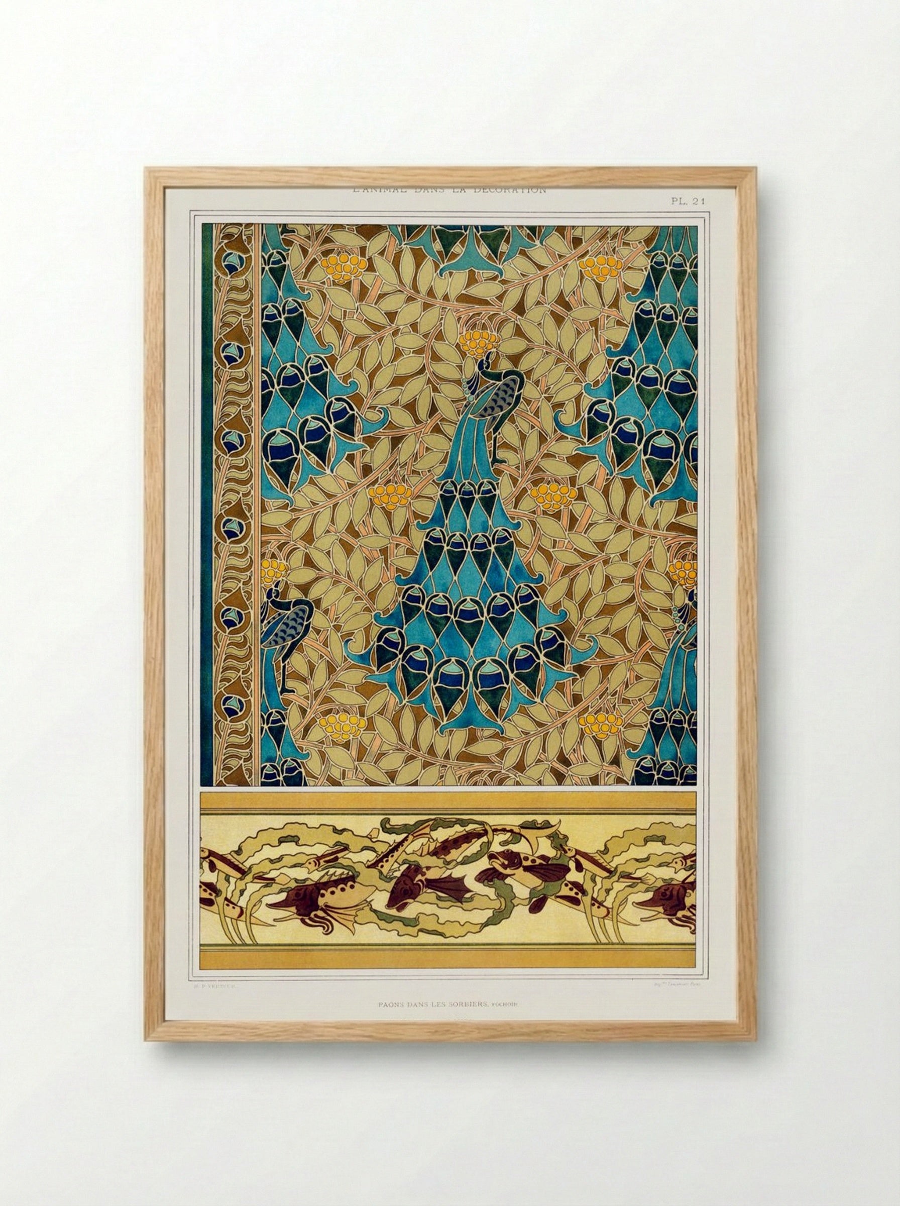 Paons dans les Sorbiers, Poissons et Algues - Maurice Pillard Verneuil - Framed Print Wood