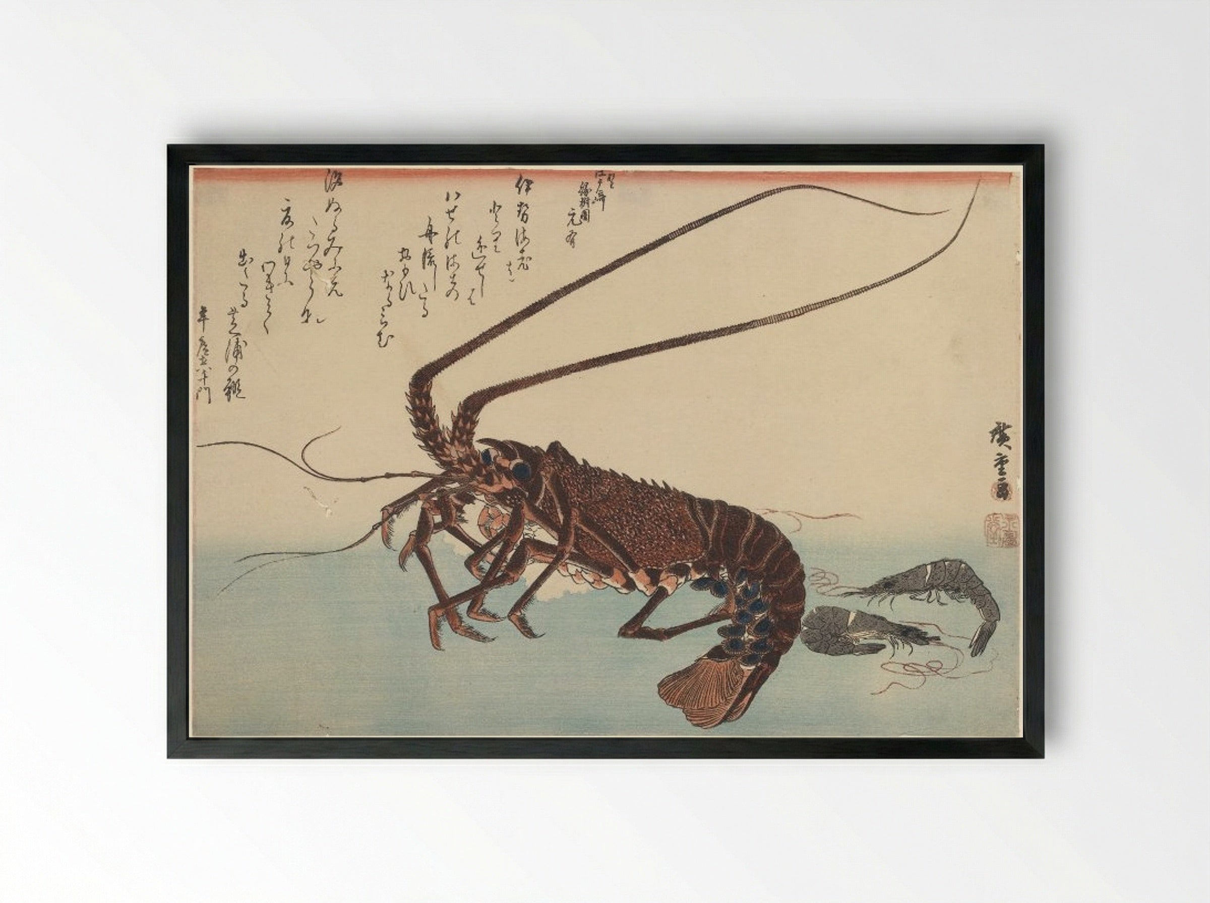 Crayfish and Two Shrimps - Katsushika Hokusai - Framed Print Black