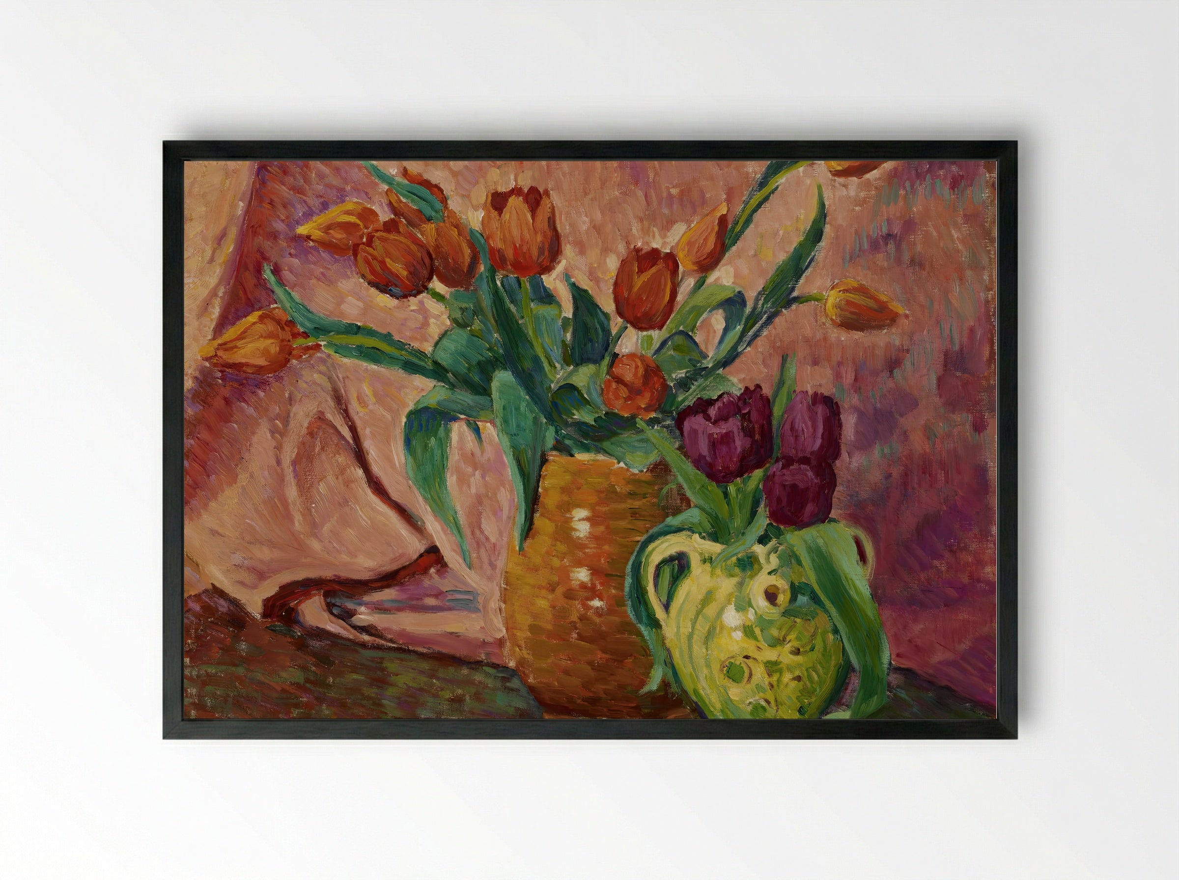 Two Vases with Tulips - Alfred William Finch - Framed Print Black