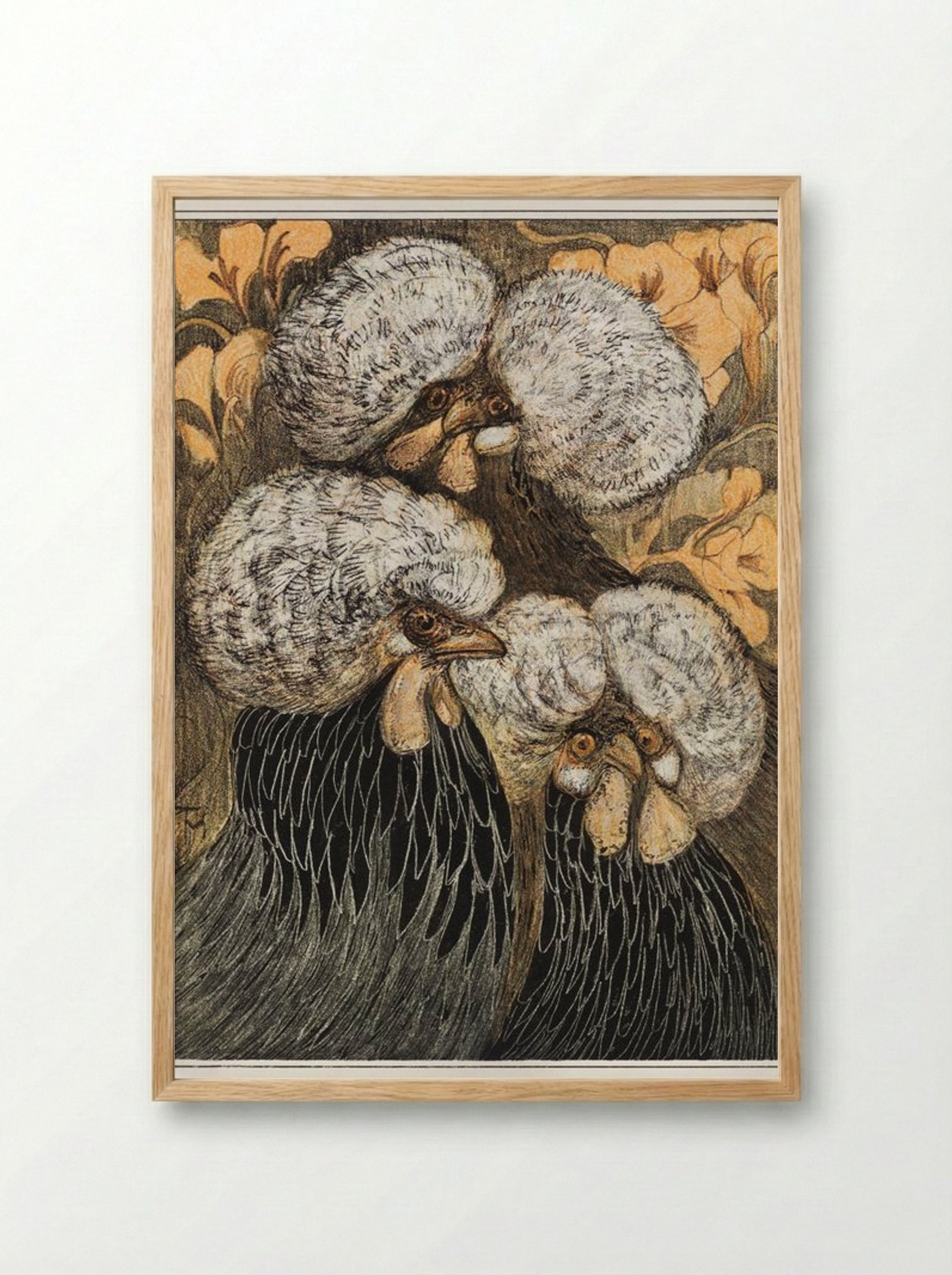 Drie kuifkippen (Three Crested Chickens) - Theo van Hoytema - Framed Print Wood