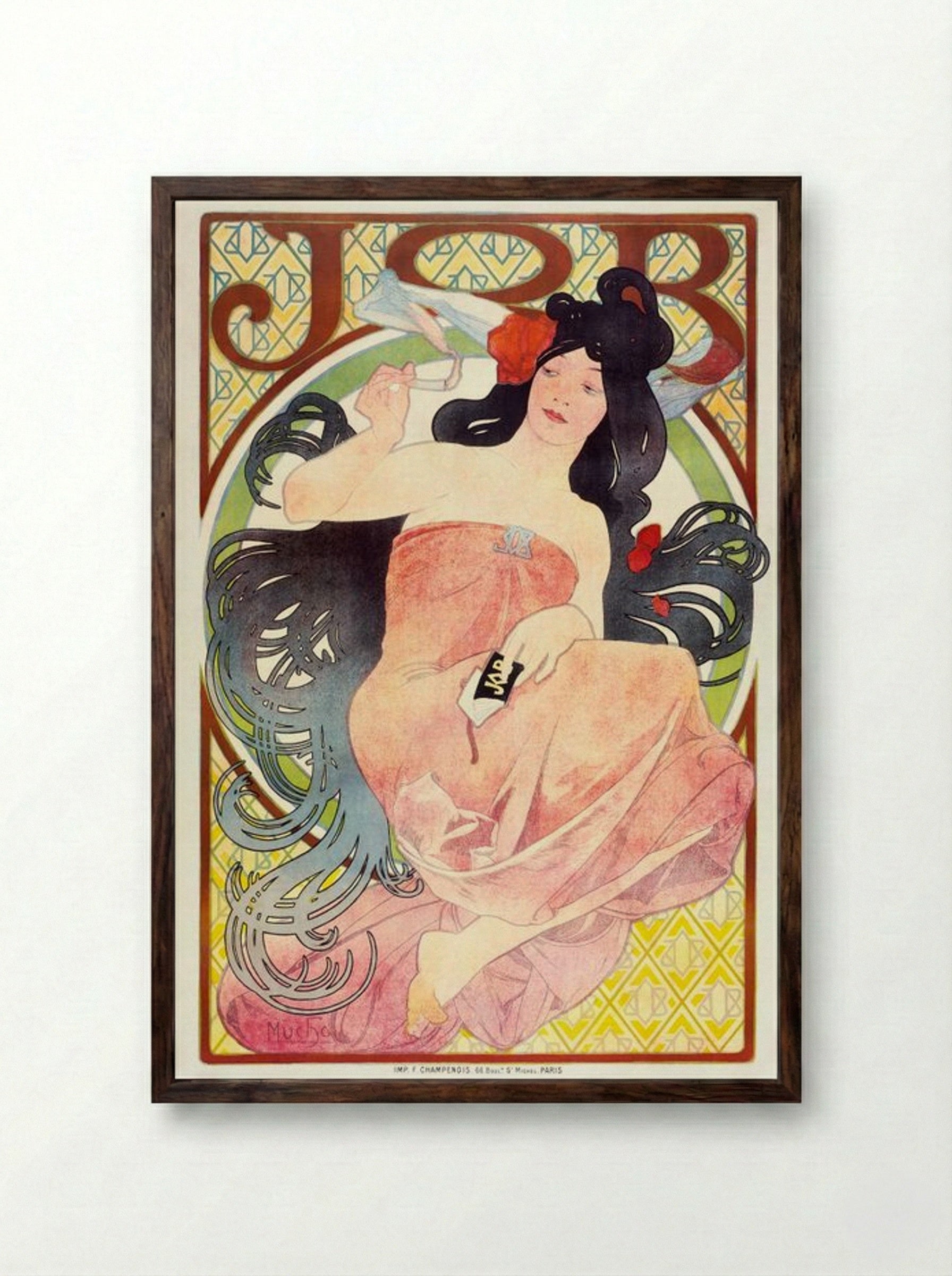 JOB (Woman Smoking) - Alphonse Mucha - Framed Print Dark Wood