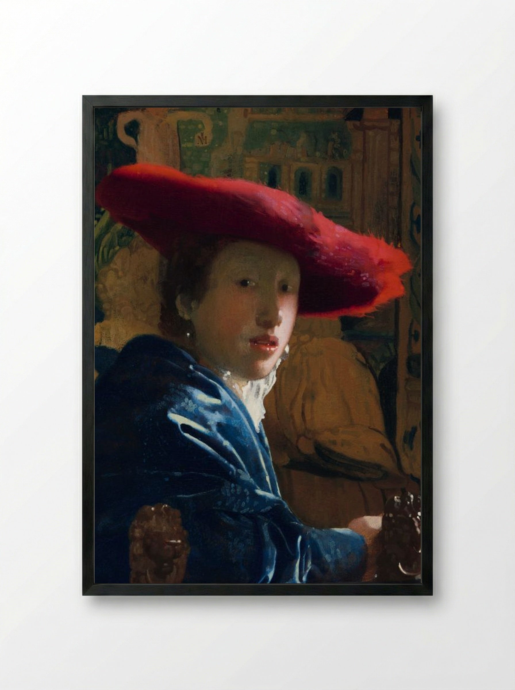 Girl with a Red Hat - Johannes Vermeer - Framed Print Black