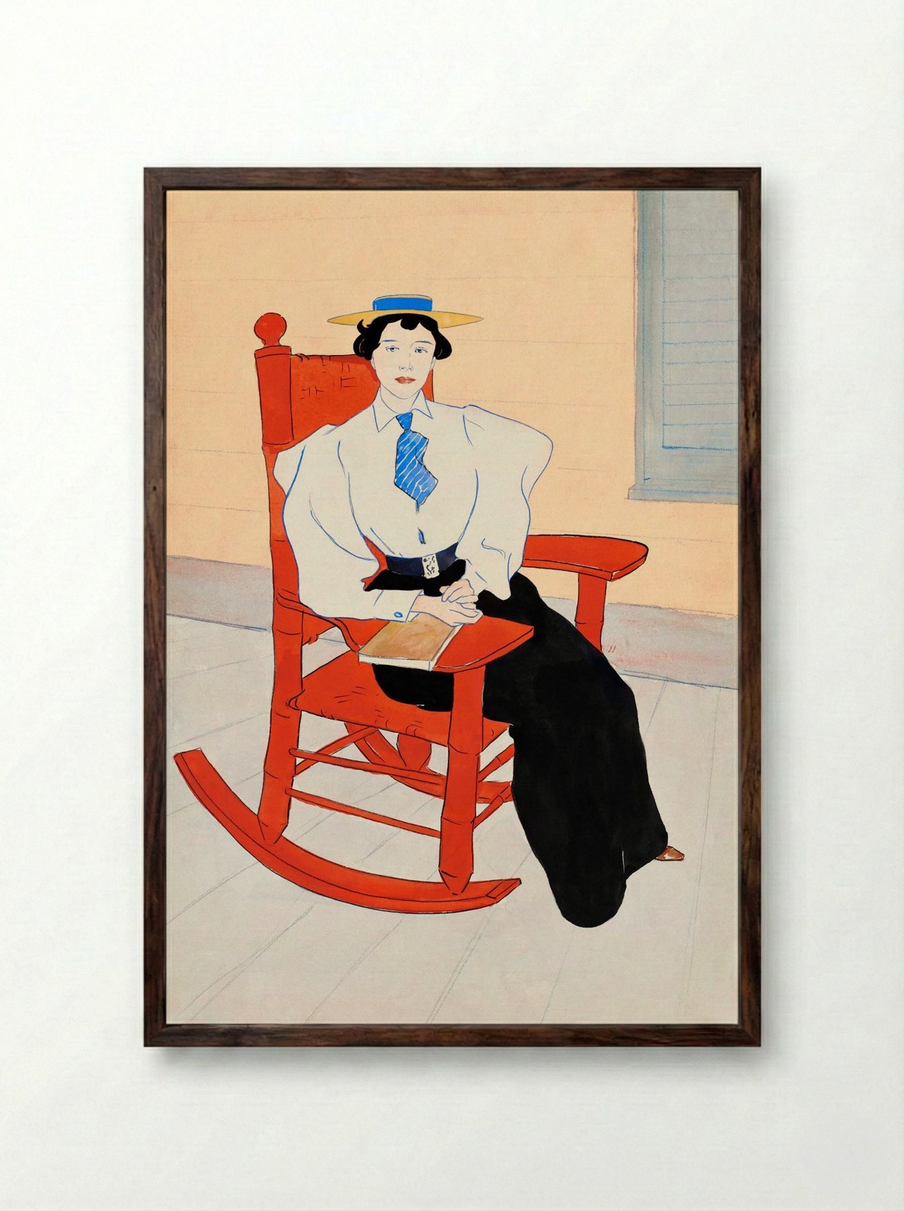 Young Woman Seated in a Red Rocking Chair - Edward Penfield - Framed Print Dark Wood