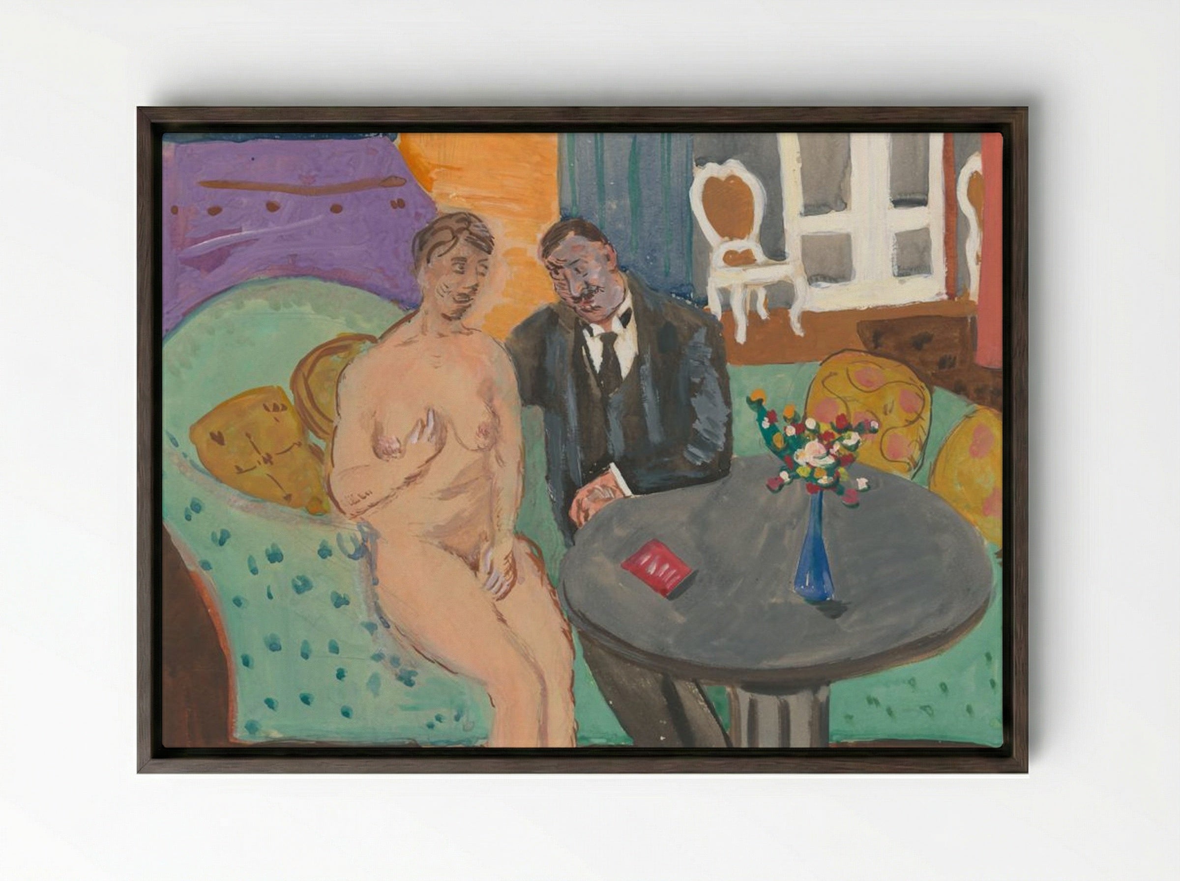 He and Sofa - Cyprián Majerník - Framed Canvas Dark Wood