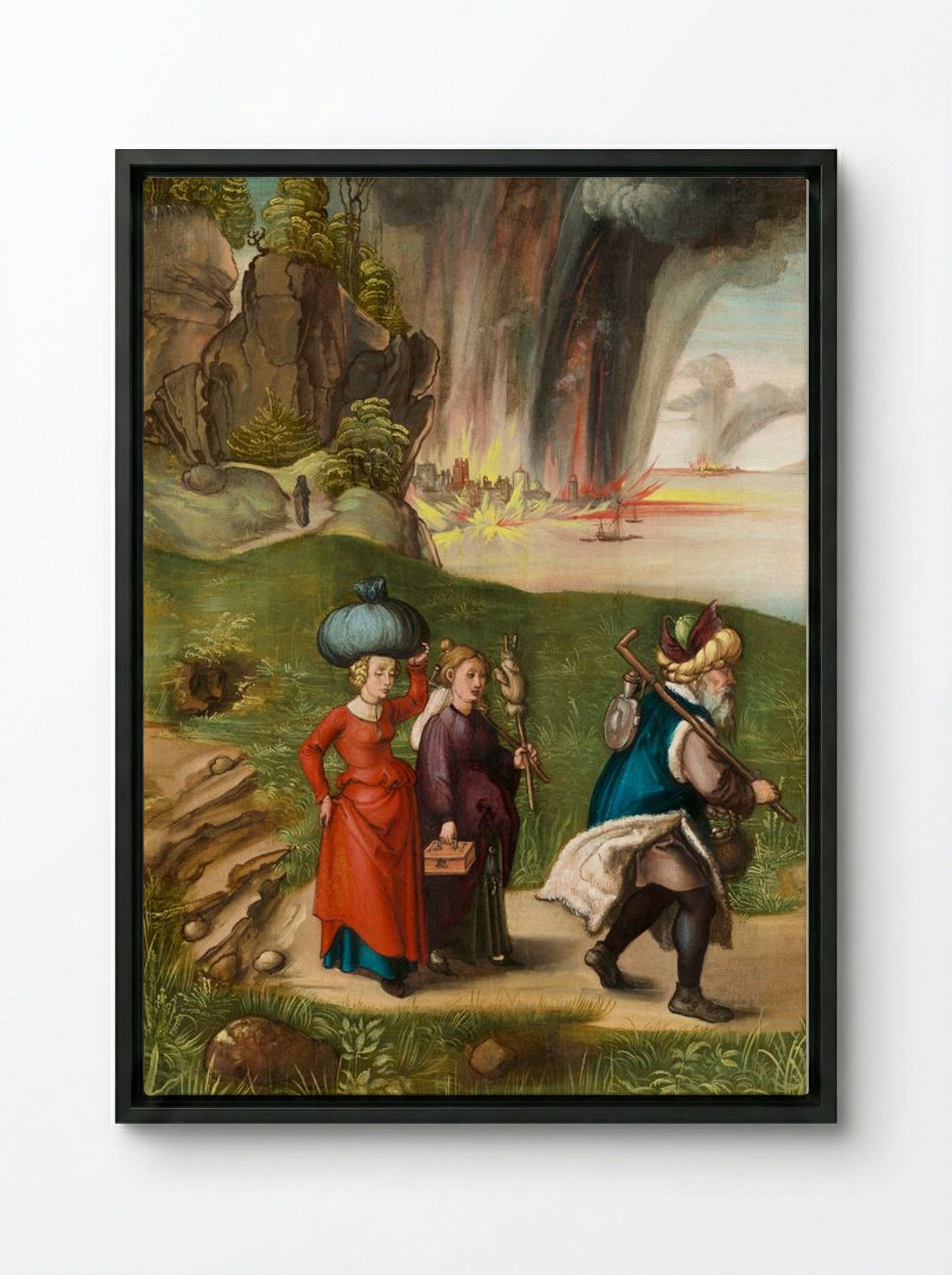 The Destruction of Sodom (Reverse of Madonna and Child) - Albrecht Dürer - Framed Canvas Black