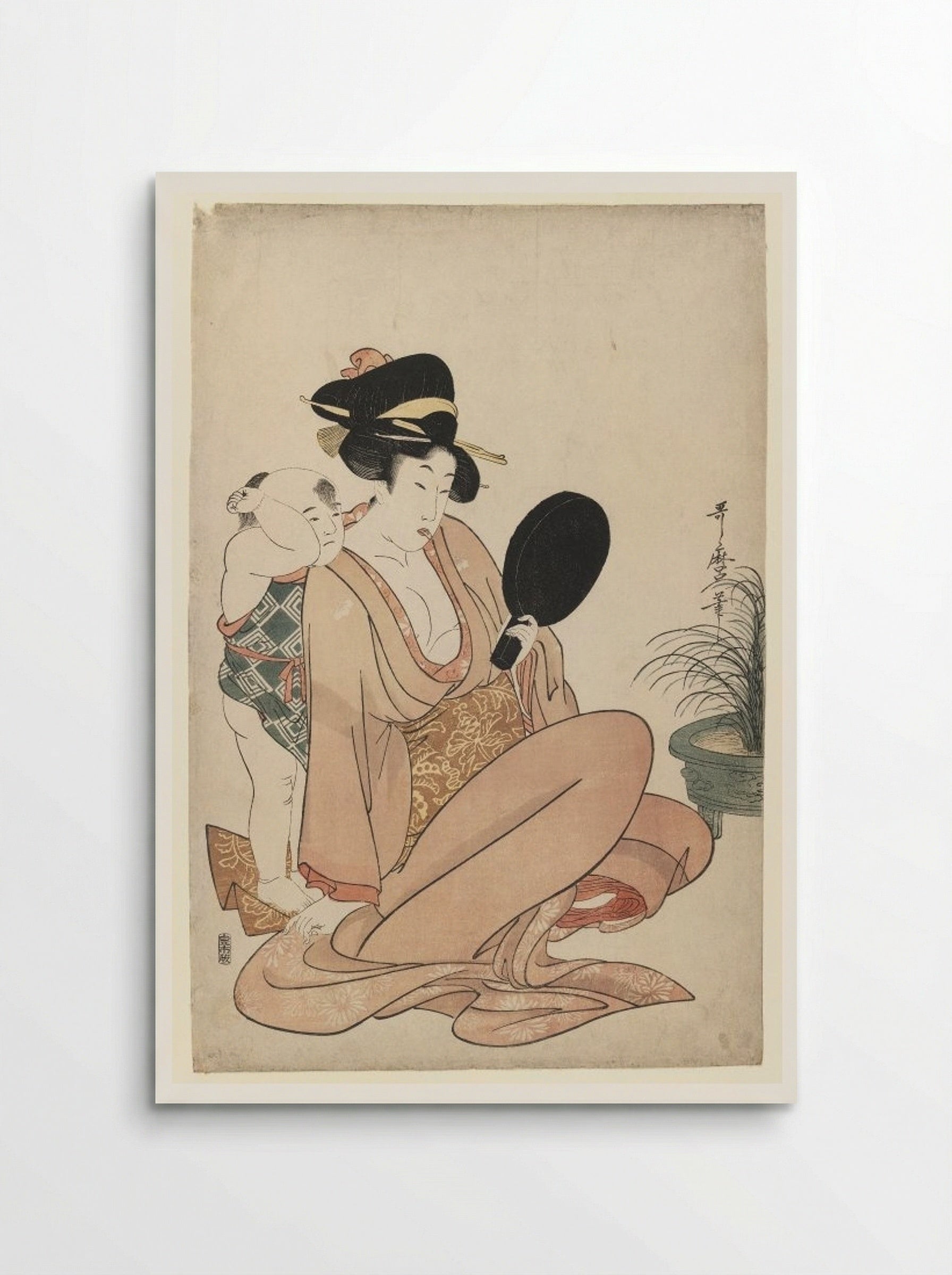 Mother and Child Gazing at a Hand Mirror - Kitagawa Utamaro - Poster