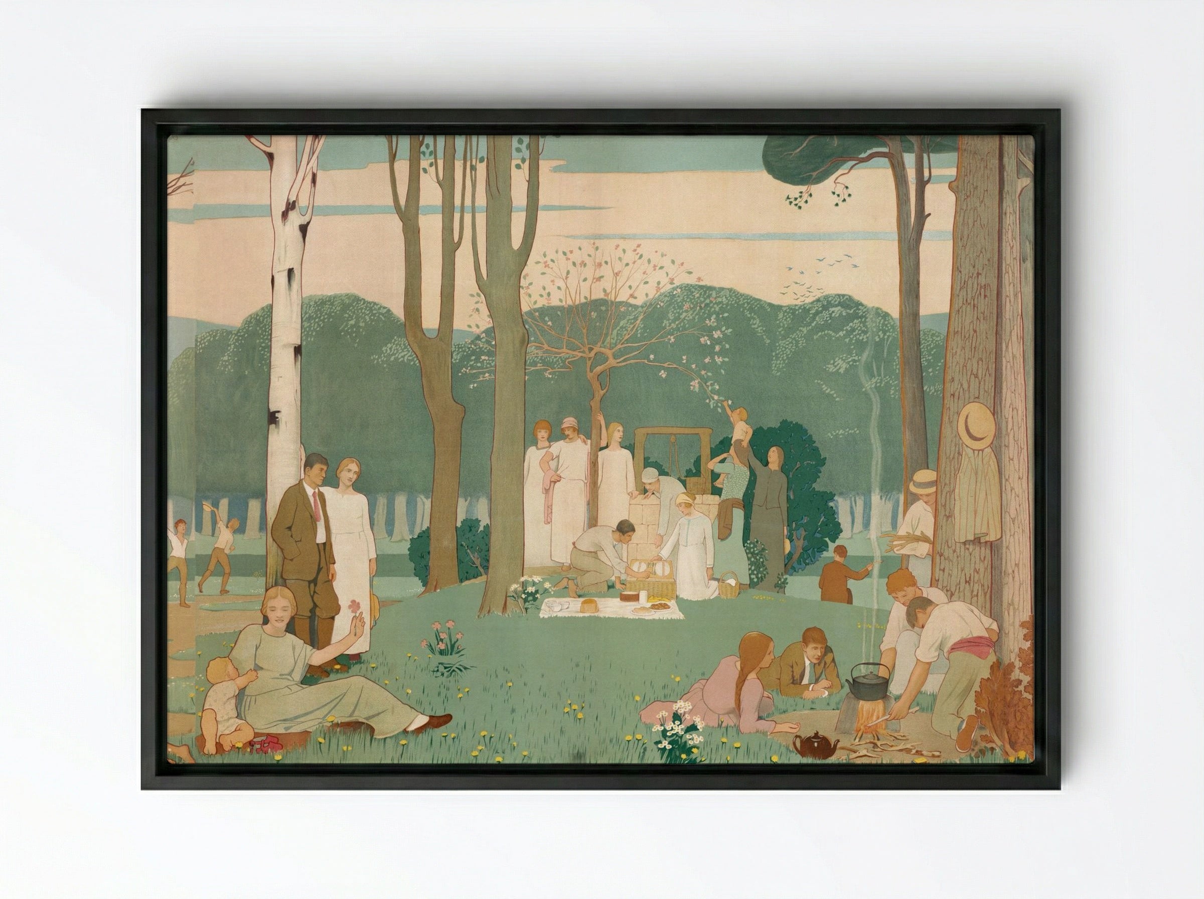 Men, Women, and Children at a Picnic in the Park - Fine Art Print - Framed Canvas Black