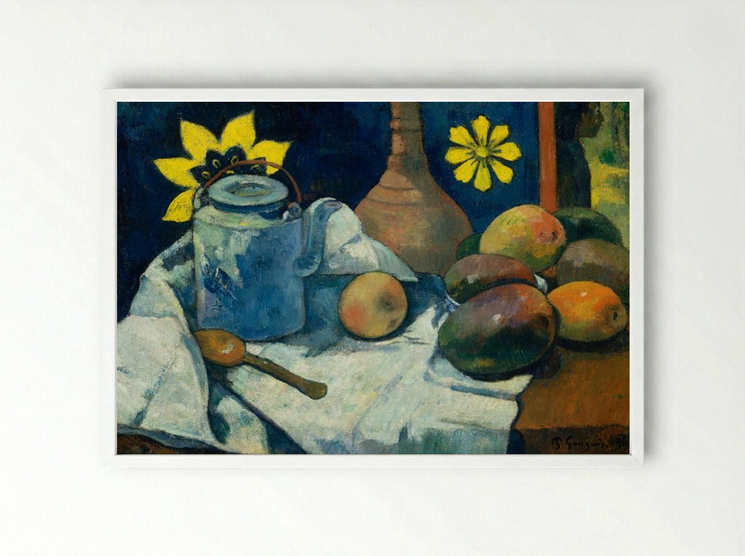 Still Life with Teapot and Fruit - Paul Gauguin - Framed Print White