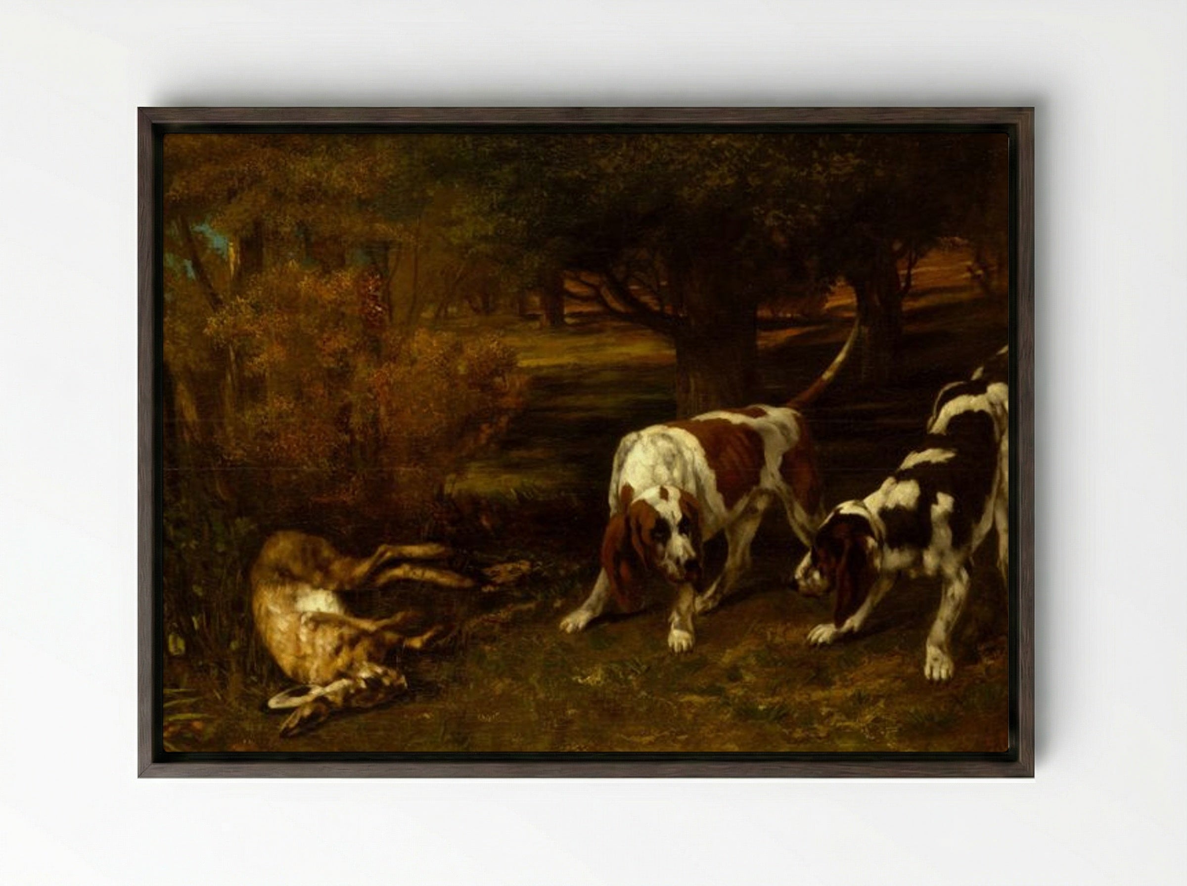 Hunting Dogs with Dead Hare - Gustave Courbet - Framed Canvas Dark Wood