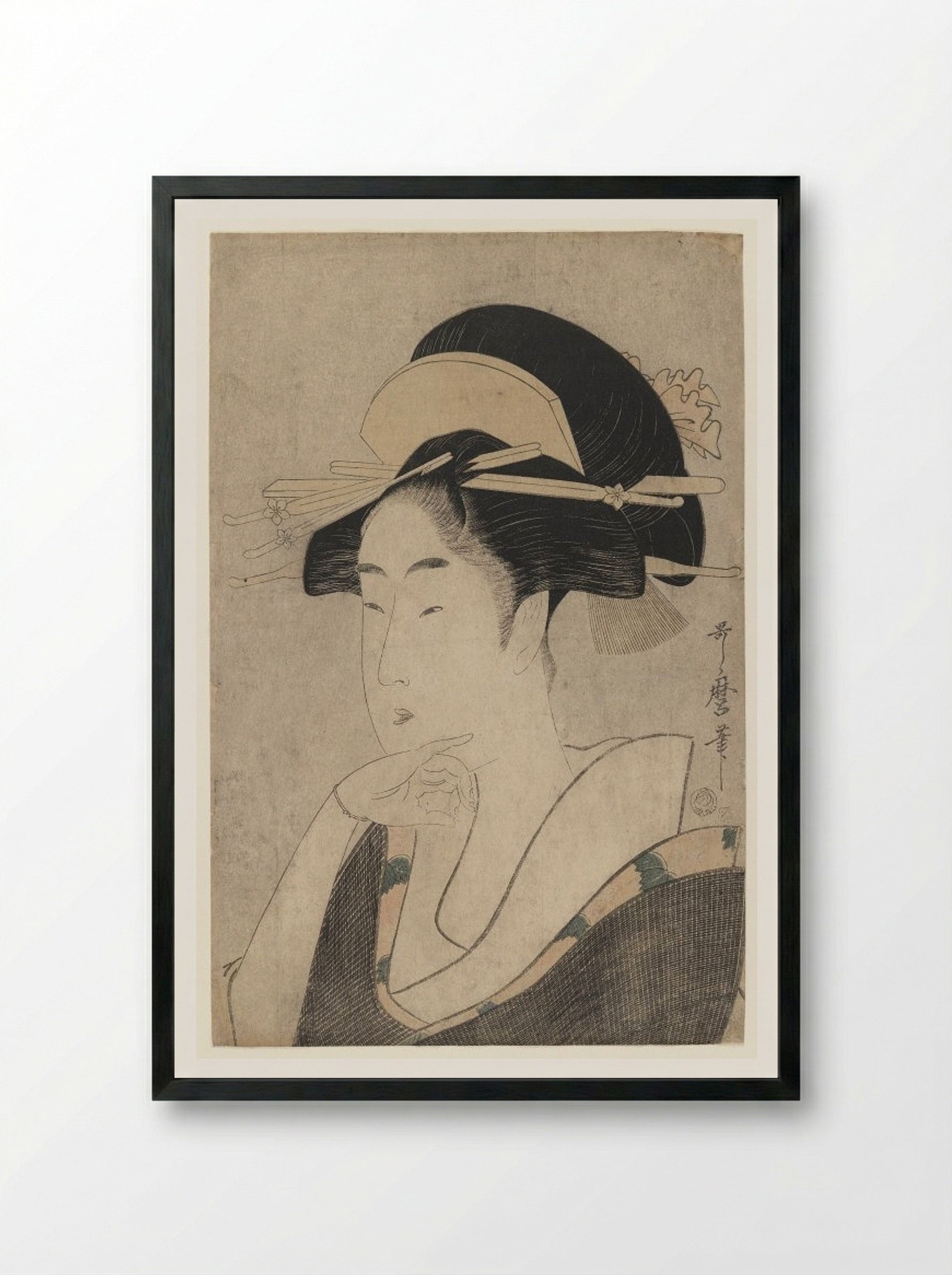 Large Head and Bust Portrait of Beauty - Kitagawa Utamaro - Framed Print Black