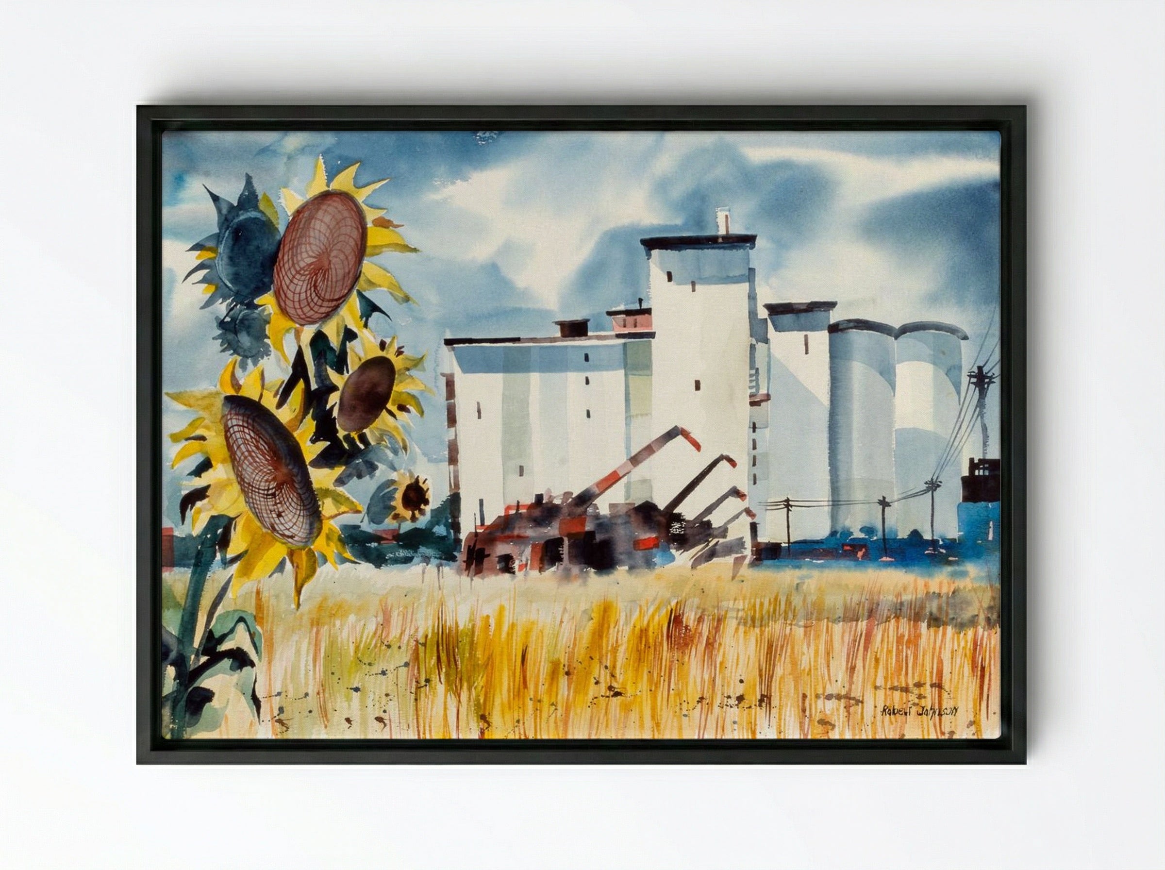 Grain Elevator, Kansas - Robert Johnson - Framed Canvas Black