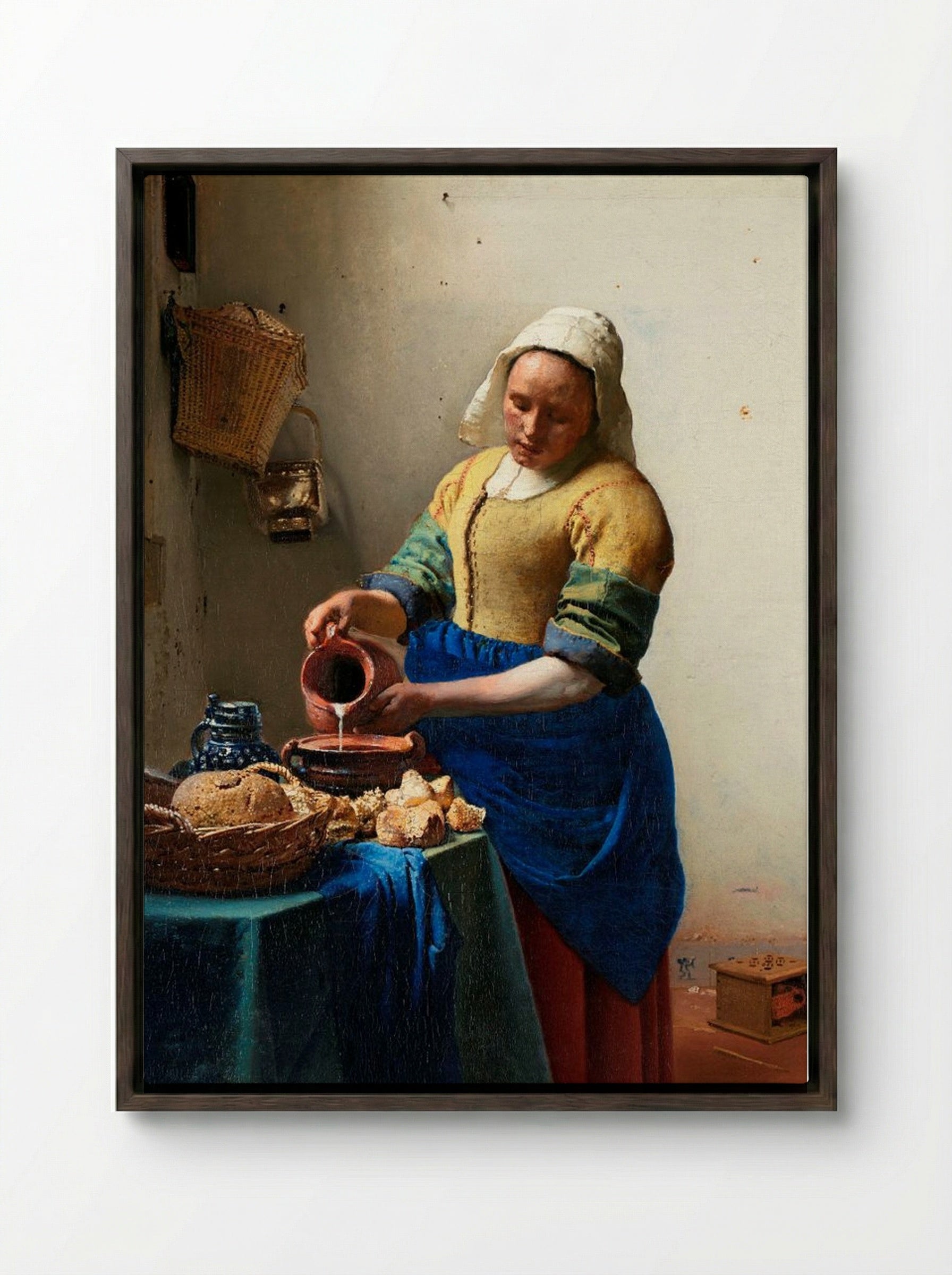 The Milkmaid - Johannes Vermeer - Framed Canvas Dark Wood