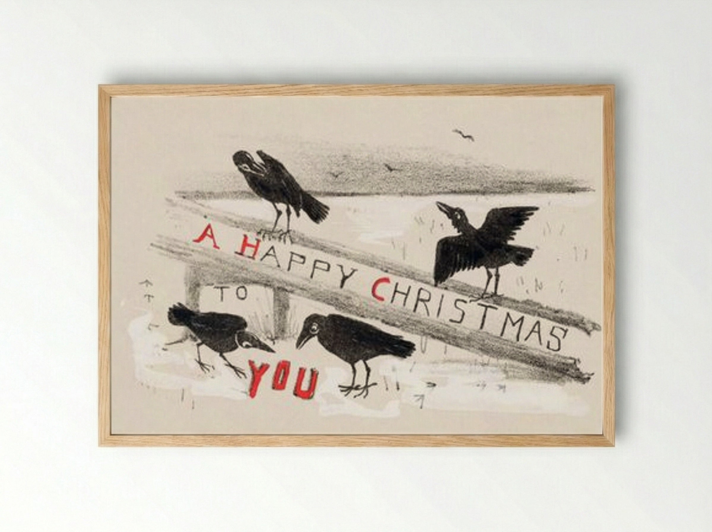 Christmas Card with Four Crows - Theo van Hoytema - Framed Print Wood