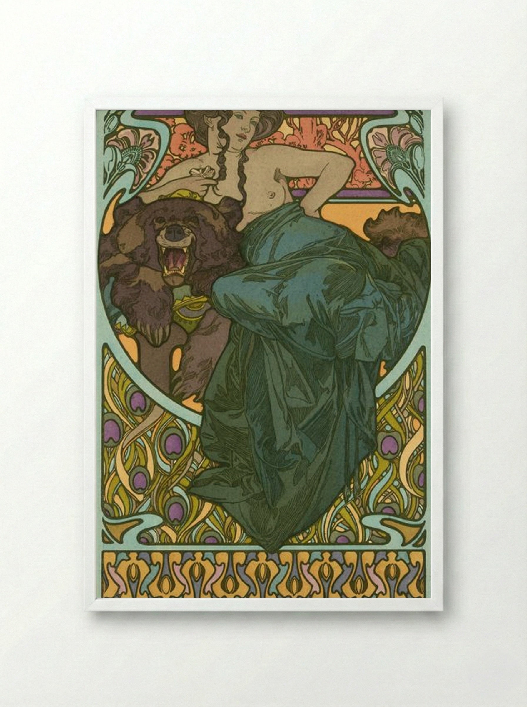 Untitled (Woman with Bear) - Alphonse Mucha - Framed Print White