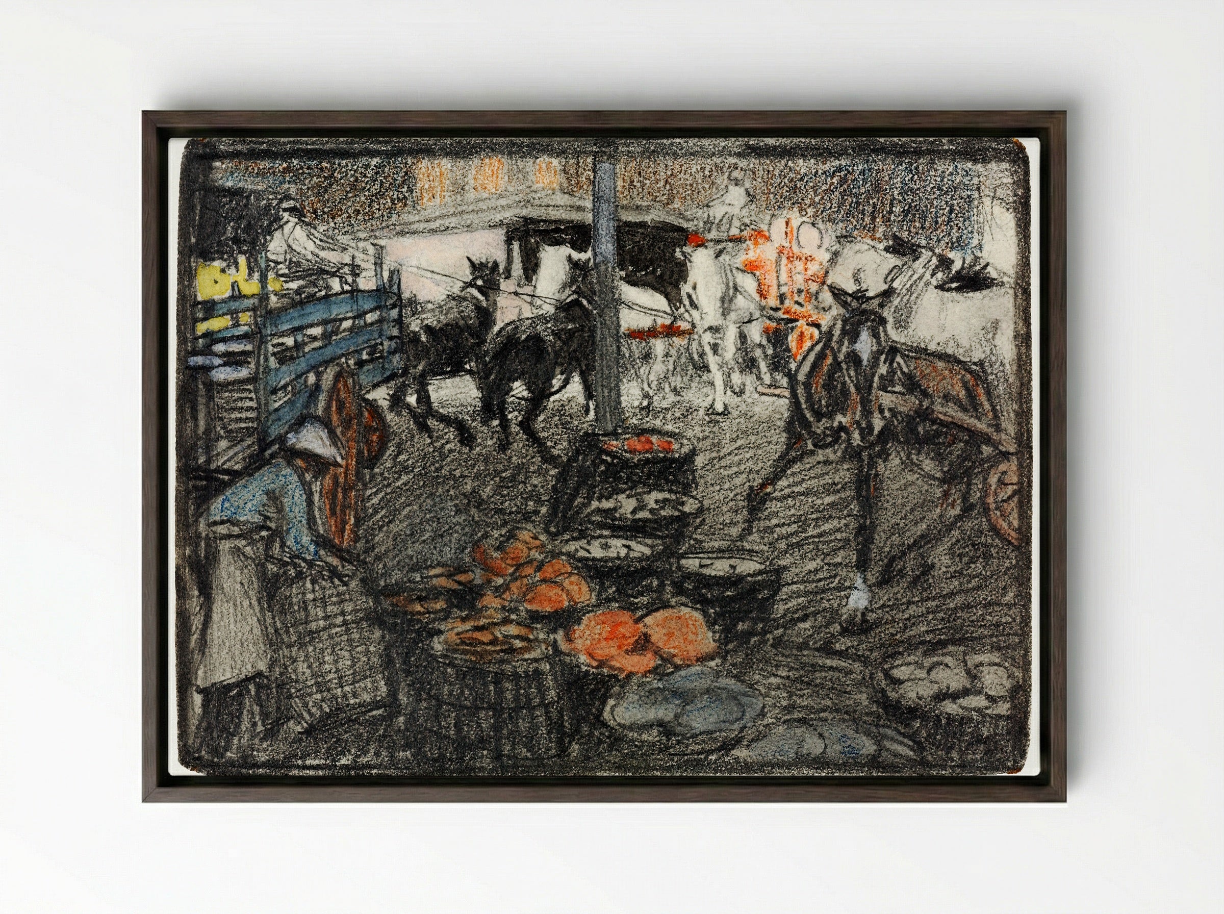 A Busy Market Scene - Edward Penfield - Framed Canvas Dark Wood
