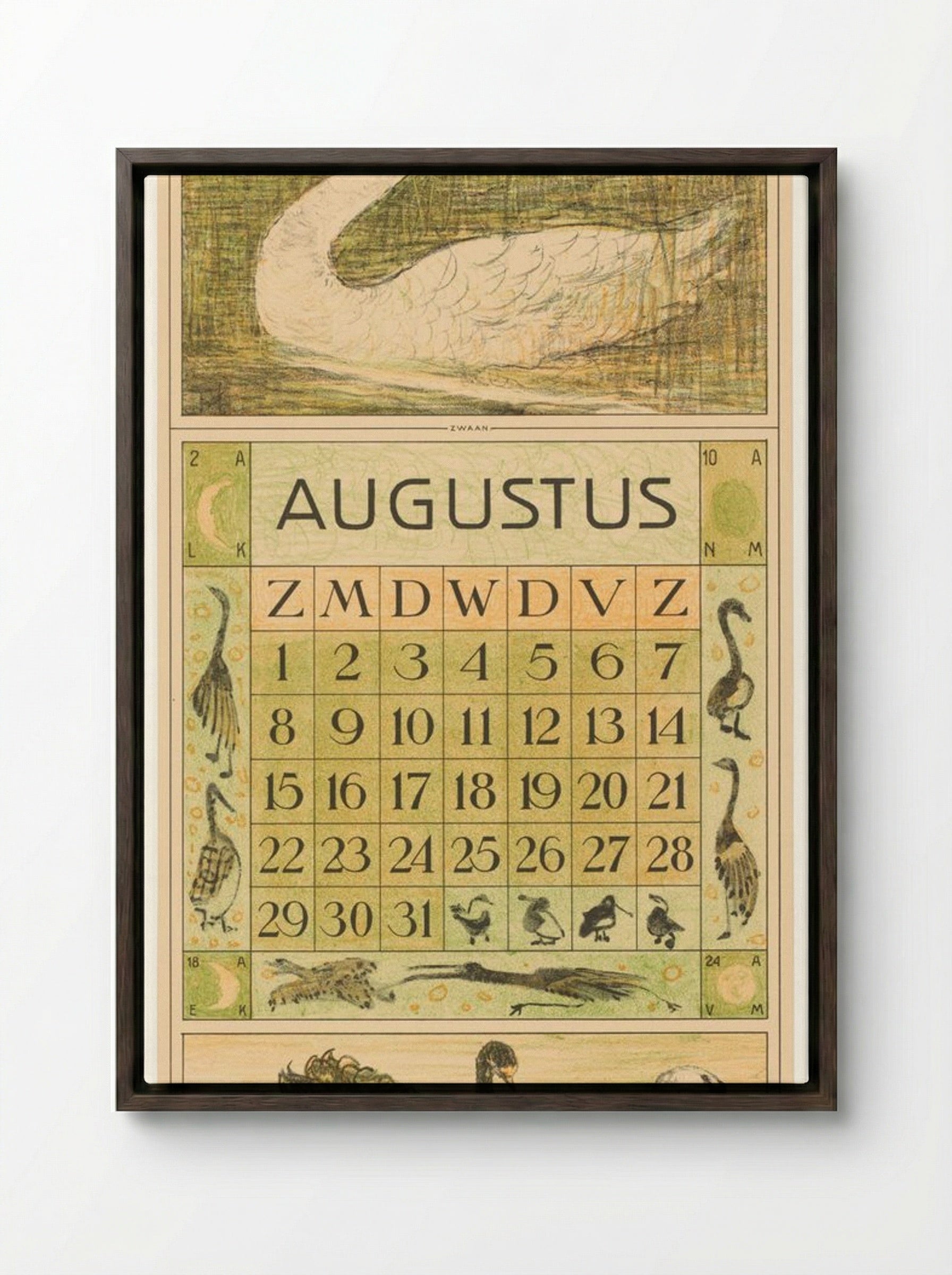 Kalenderblad Augustus met Zwaan - Theo van Hoytema - Framed Canvas Dark Wood
