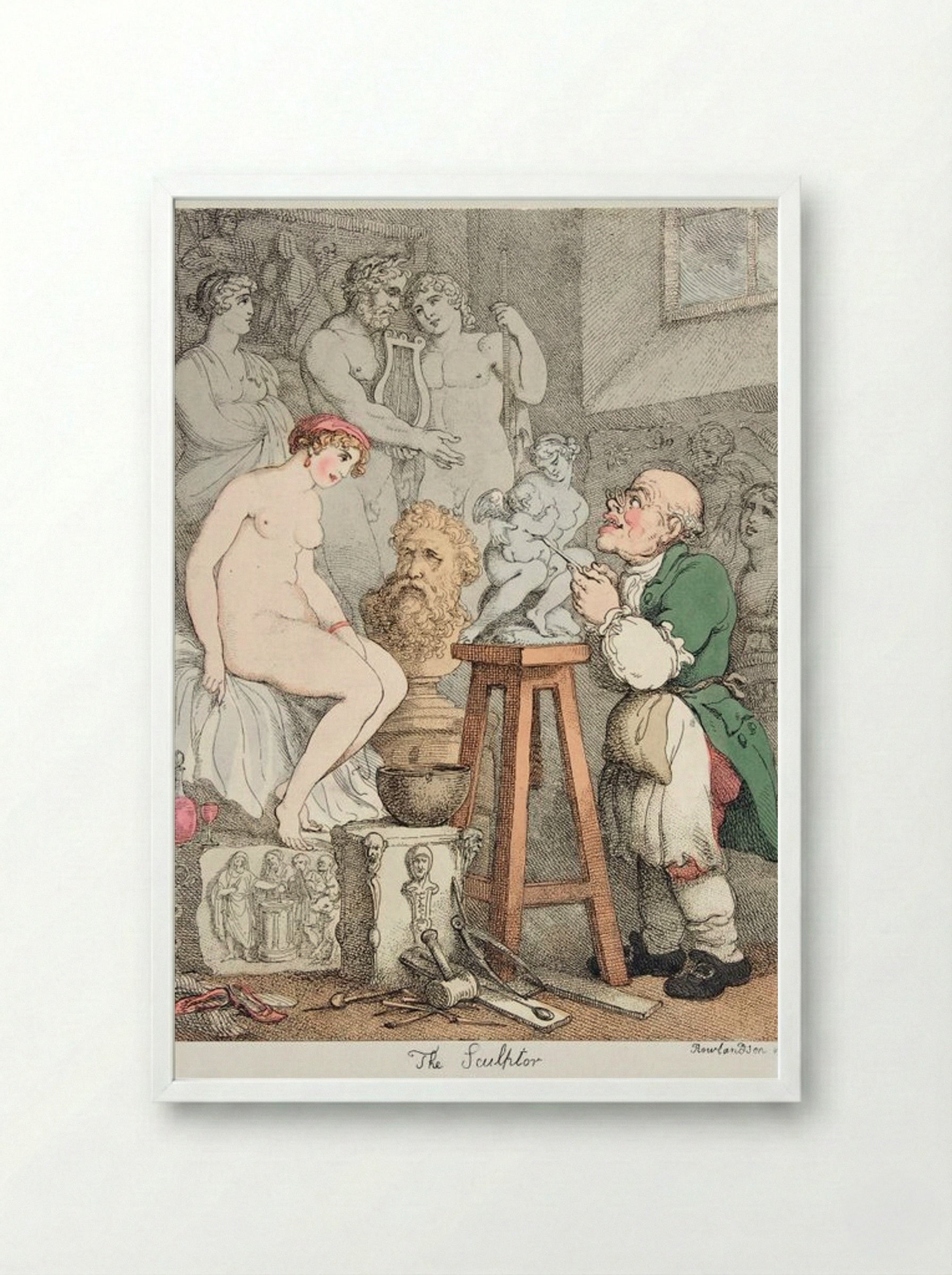 The Sculptor, Preparations for the Academy: Old Joseph Nollekens and his Venus - Thomas Rowlandson - Framed Print White