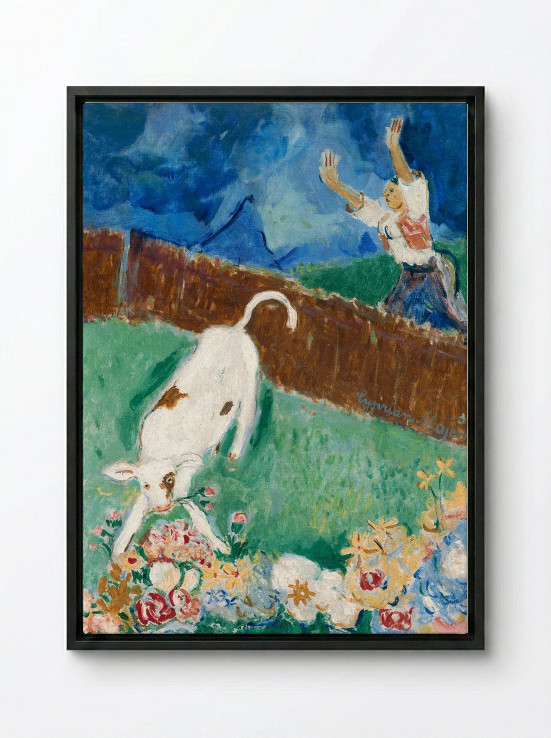 Calf in a Meadow - Cyprián Majerník - Framed Canvas Black