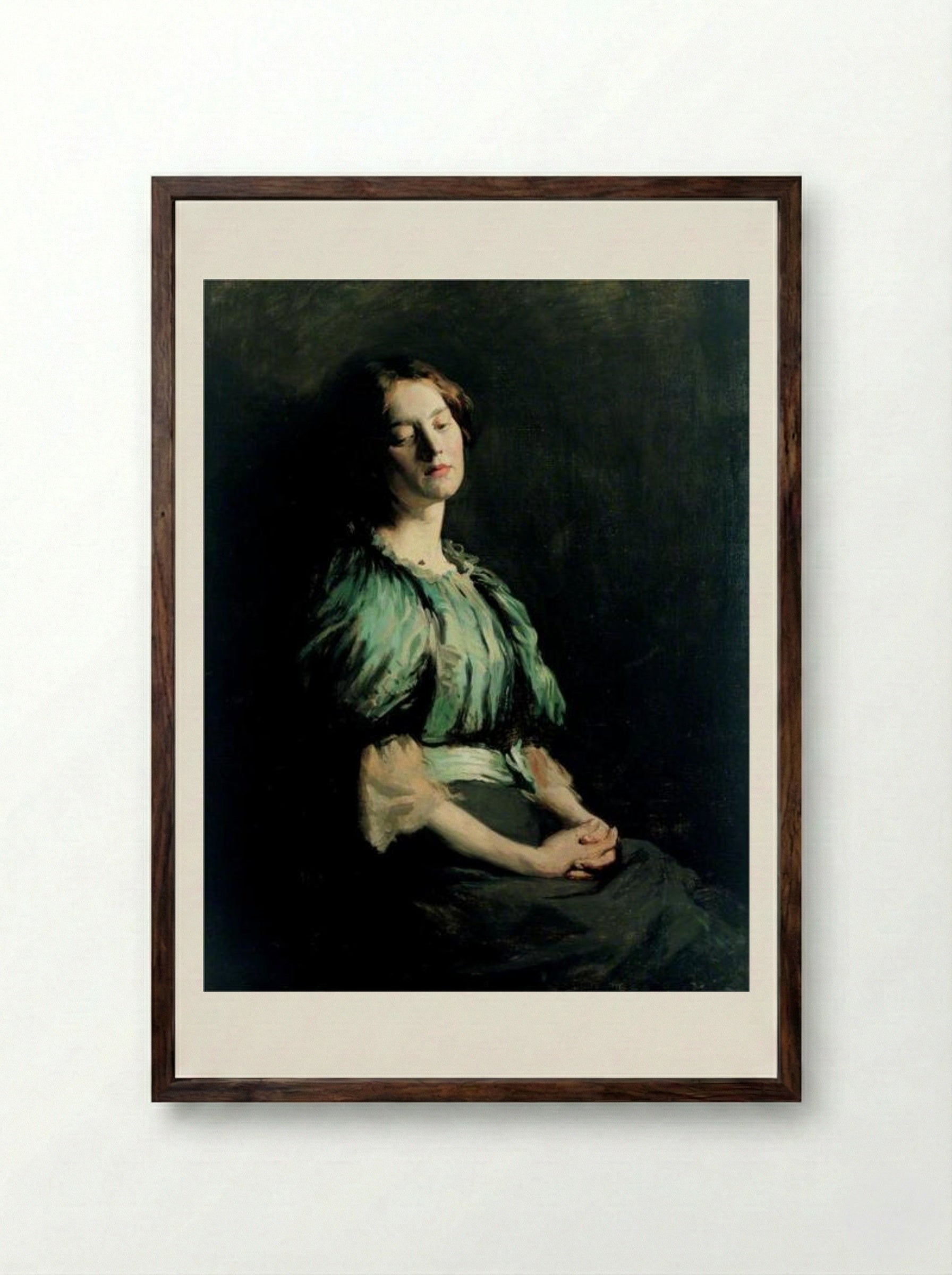 Portrait of a Girl Wearing a Green Dress - William Orpen - Framed Print Dark Wood