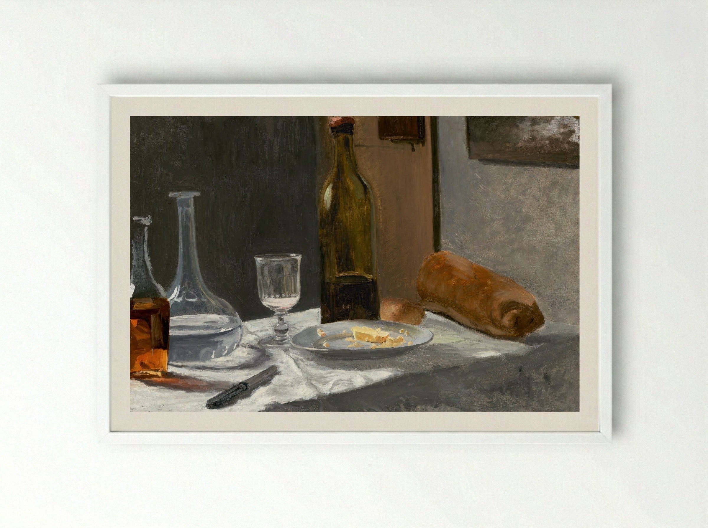Still Life with Bottle, Carafe, Bread, and Wine - Claude Monet - Framed Print White