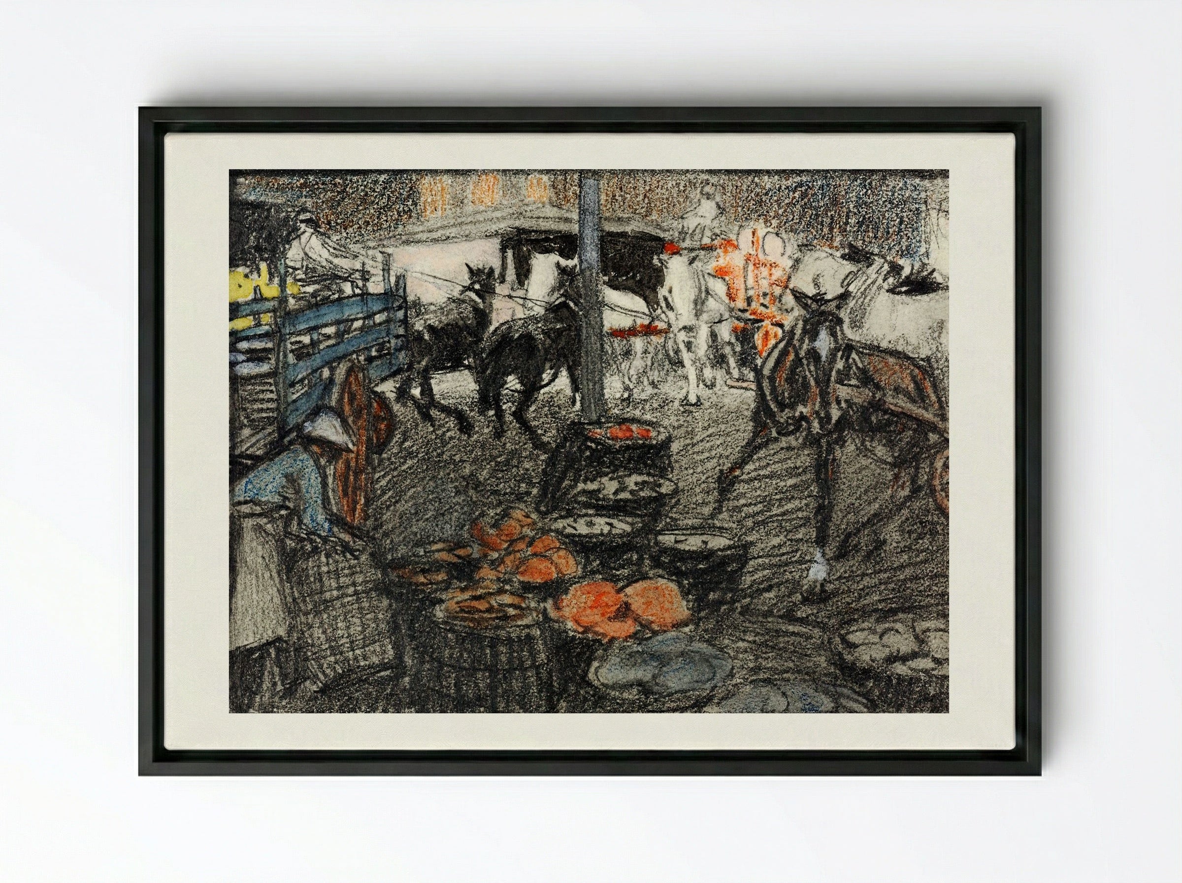 A Busy Market Scene - Edward Penfield - Framed Canvas Black