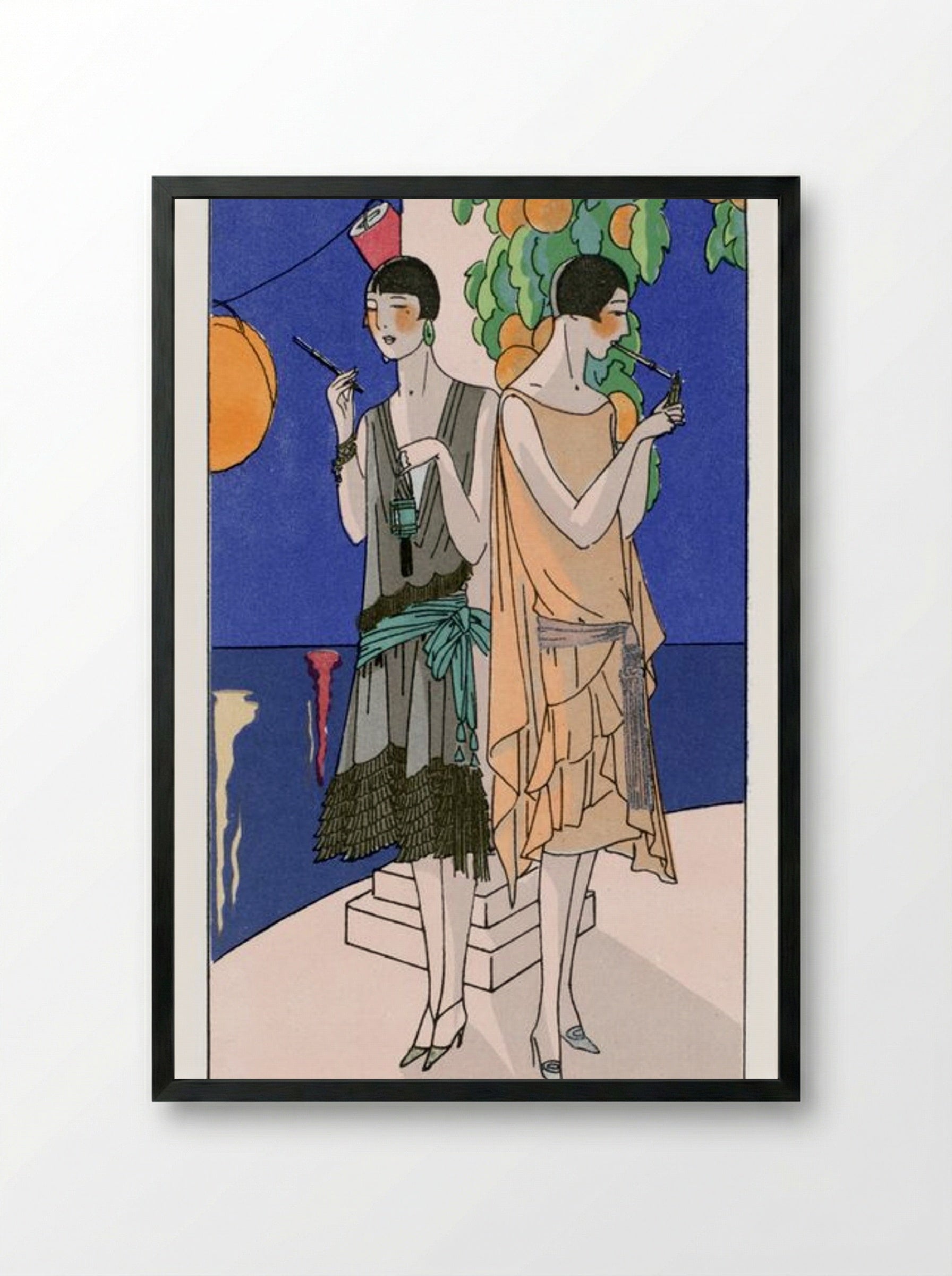 Two Young Women Smoking Cigarettes - Premet and George Doeuillet - Framed Print Black