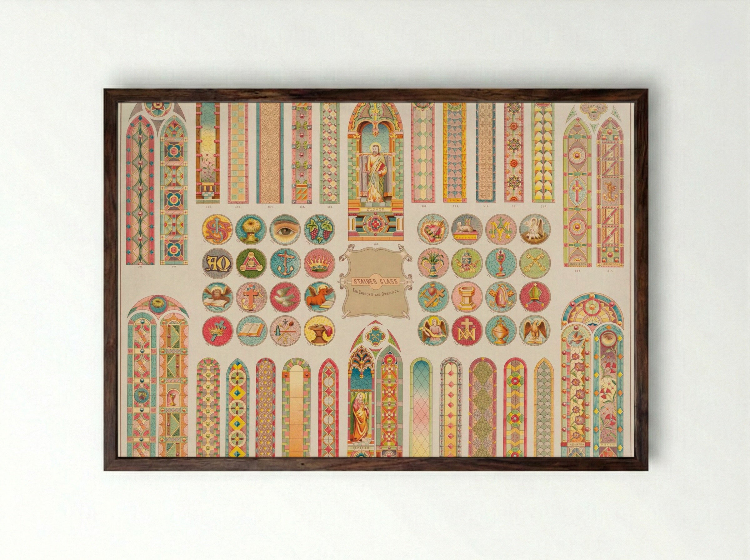Stained Glass Designs for Churches and Dwellings - Fine Art Print - Framed Print Dark Wood