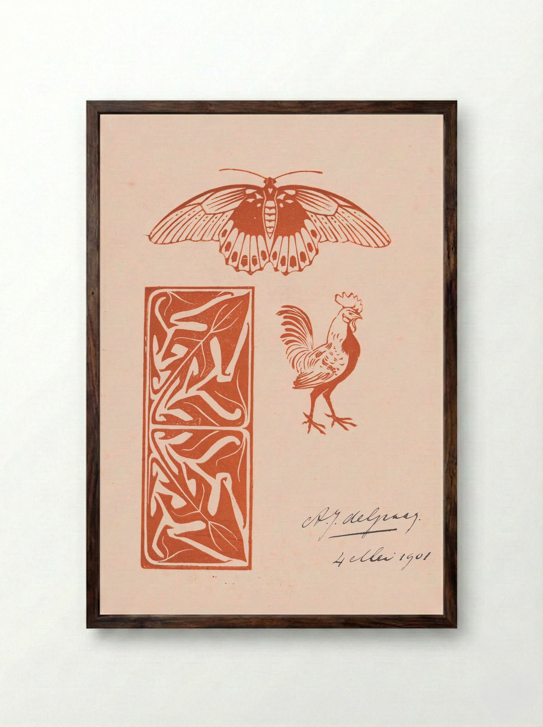 Butterfly, Rooster and Leaf Ornament - Julie de Graag - Framed Print Dark Wood