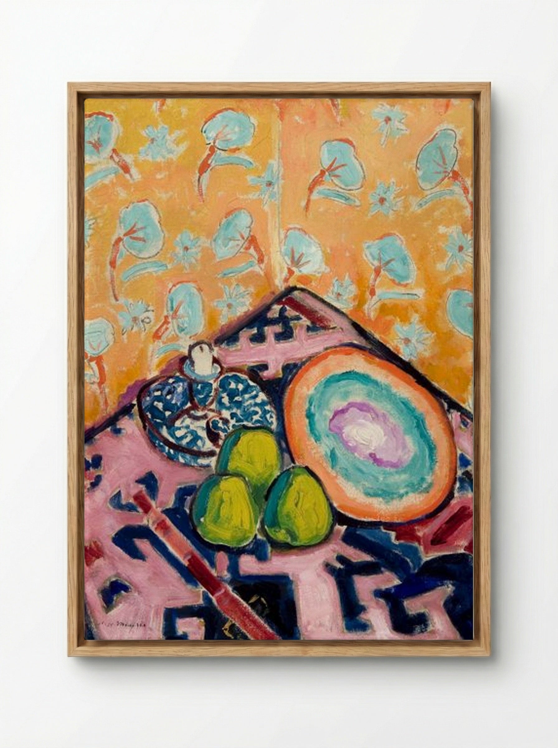 Still Life with Fruit and Patterned Background - Alfred Henry Maurer - Framed Canvas Wood