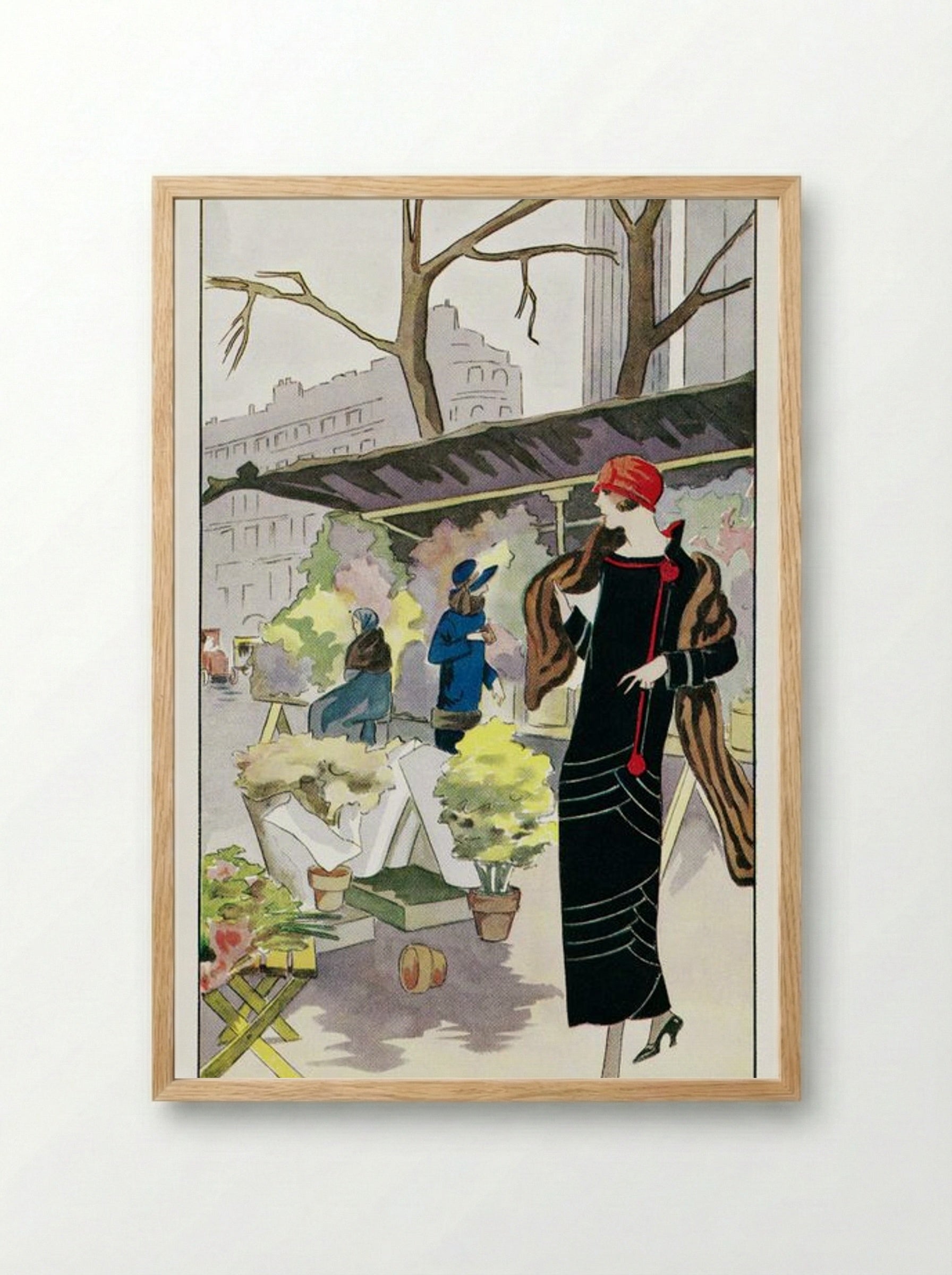 Woman in a Black Velvet Dress at a Flower Stall - Georges Léonnec - Framed Print Wood