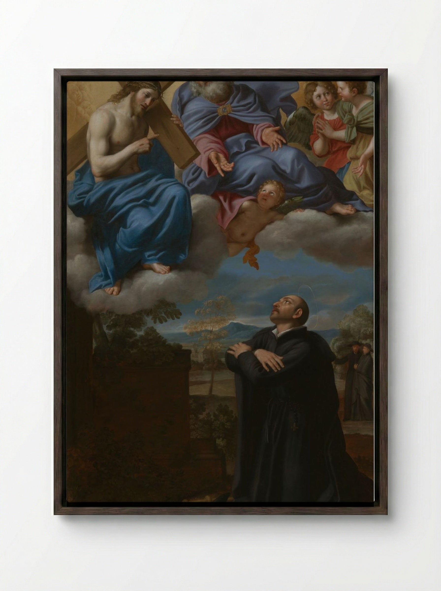 Saint Ignatius of Loyola's Vision of Christ and God the Father at La Storta - Domenichino (Domenico Zampieri) - Framed Canvas Dark Wood