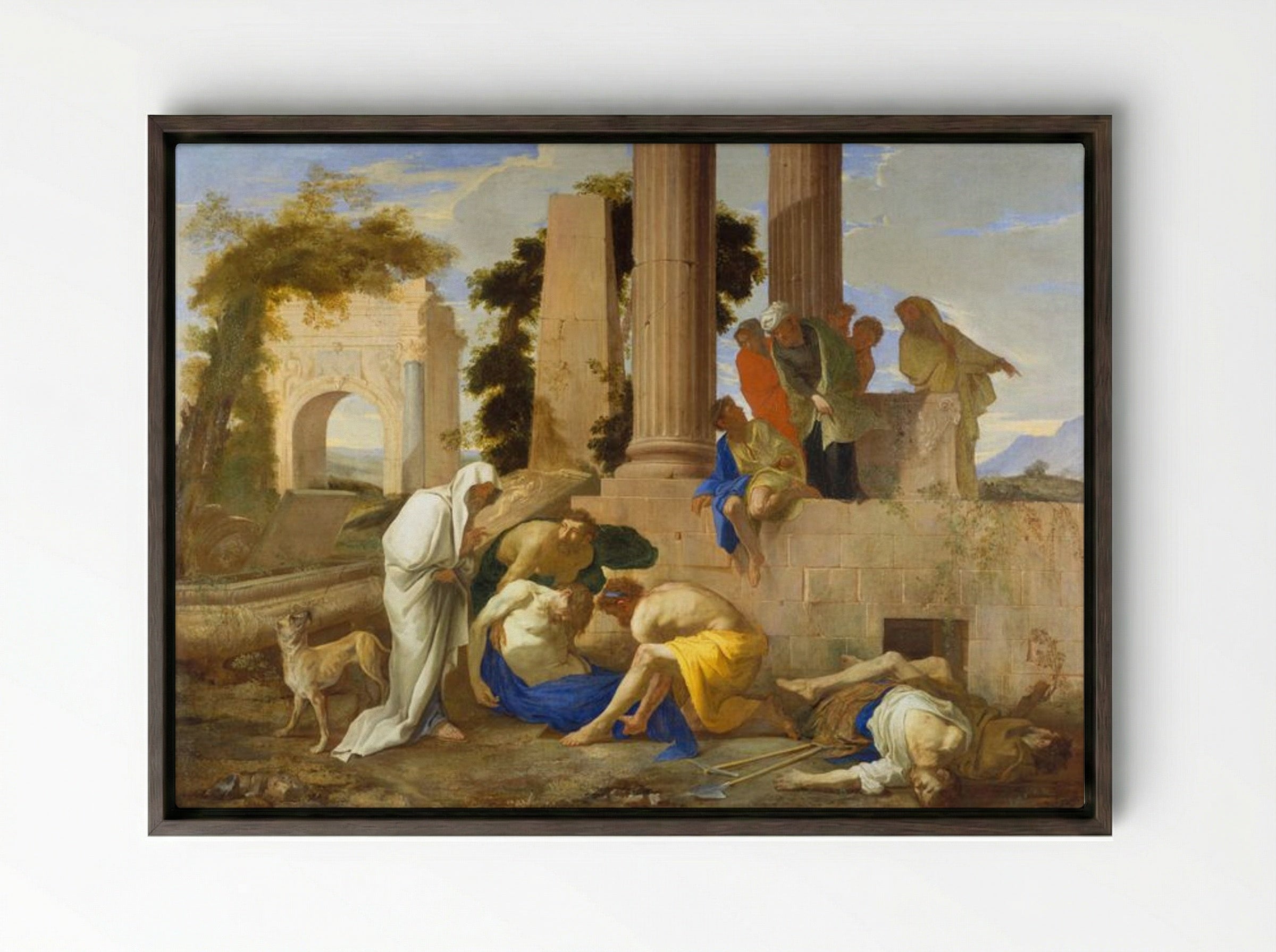 Tobit Burying the Dead - Nicolas Poussin - Framed Canvas Dark Wood