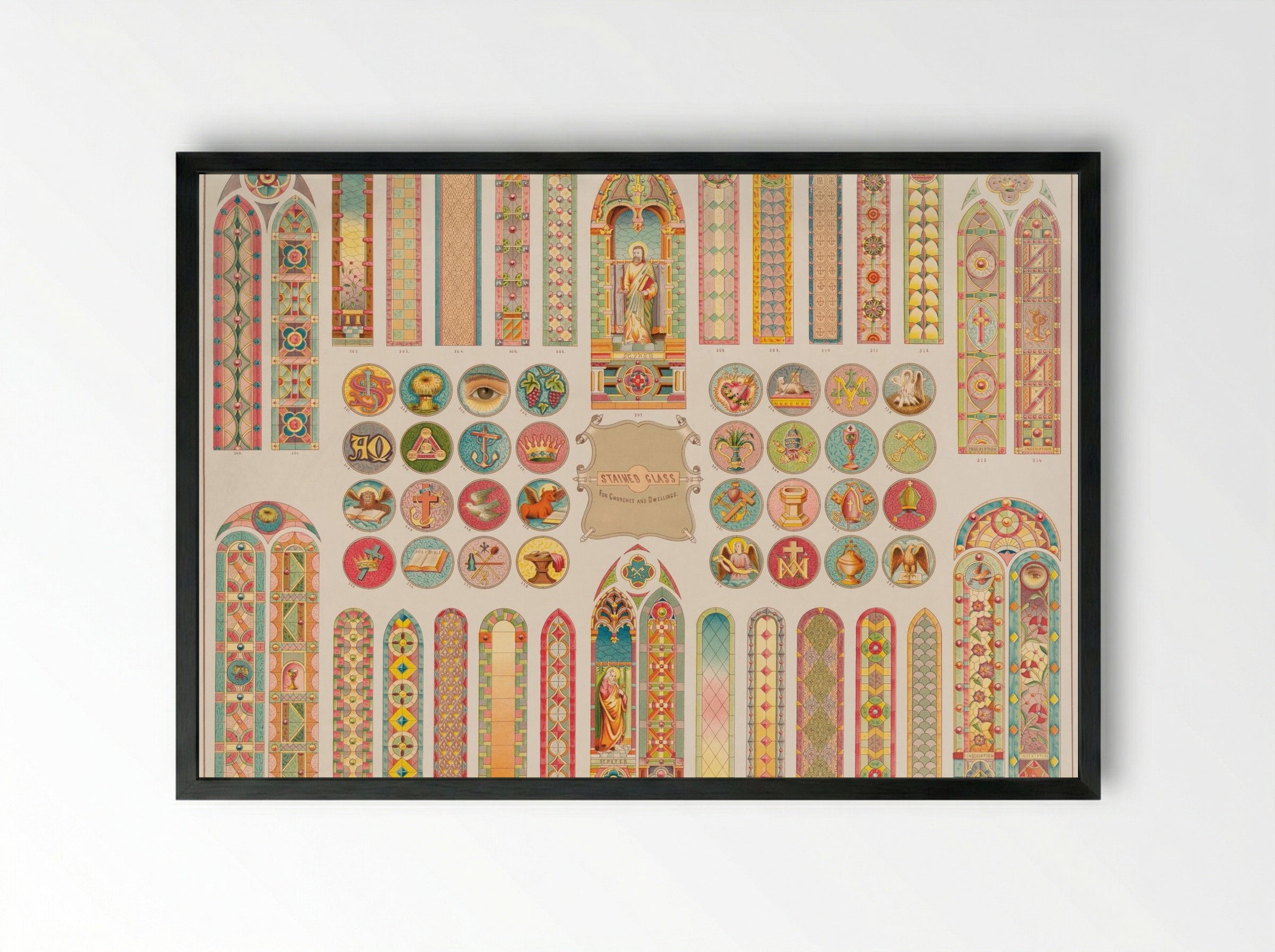 Stained Glass Designs for Churches and Dwellings - Fine Art Print - Framed Print Black